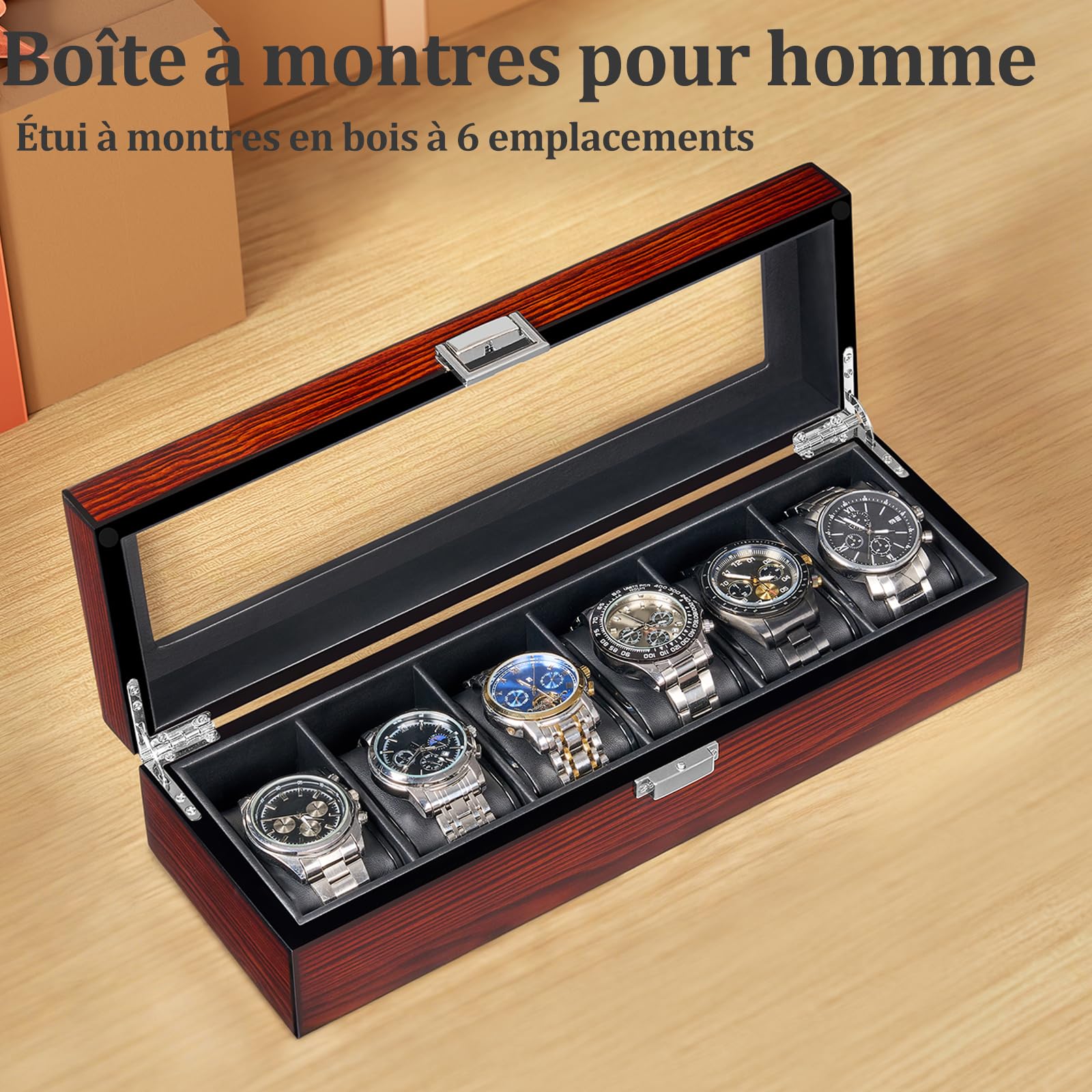 Bewishome Boîte à montres Haut de Gamme, Boîtier en Bois à 6 Emplacements, Grand Couvercle en Verre, Organisateur de Montres Luxe pour Homme