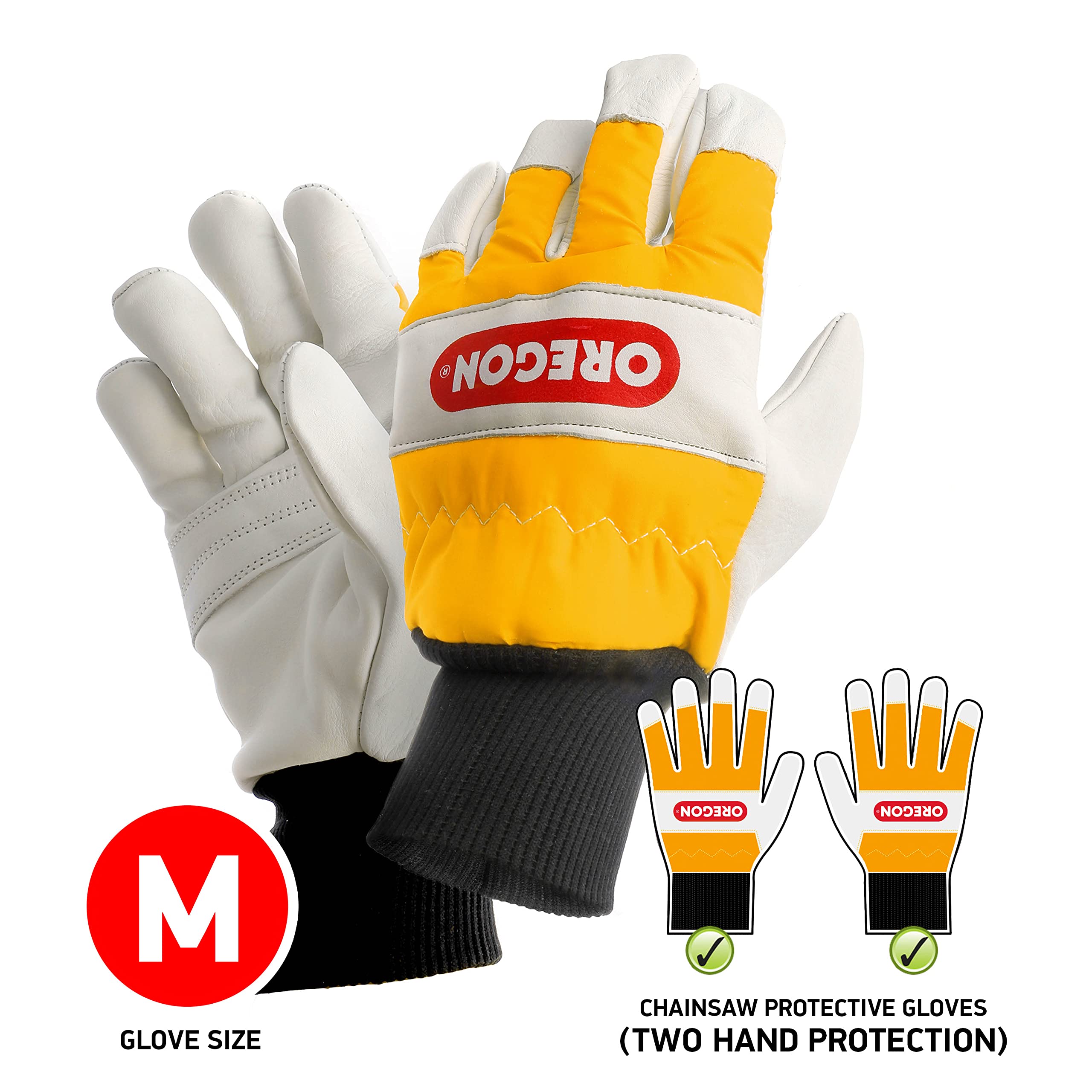 Oregon 575780 - Perneras anticorte para motosierra + Guantes de Seguridad para Cortar con Motosierra, Piel - 1 Par (M)