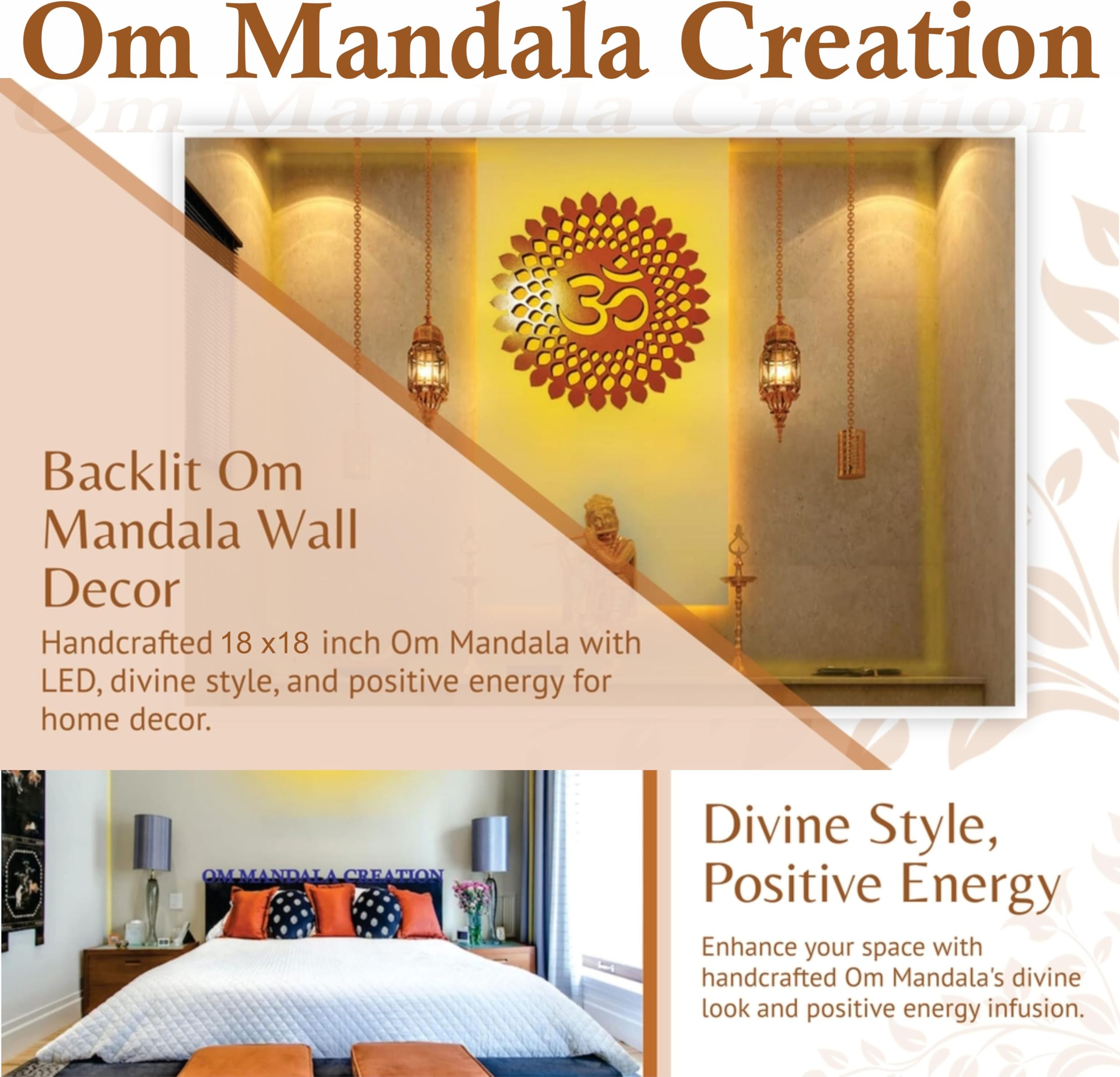 Wood Om Mandala Creation Om Mandala Wall Hanging Backlit Led Light Wall Decor Handcrafted Or Mdf Laser Cut Decorative For Home Office Temple Yoga Meditation Wall Decor & Gifting, (18X18 Inch.)