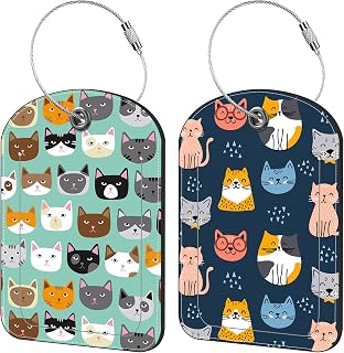 iapodiad Cute Cat Animal Prints Luggage Tag for Suitcase Set of 2 PU Leather Cute Luggage Tags with Stainless Metal Loop ID Label Privacy Flap Suitcase Tags for Women and Men Travel