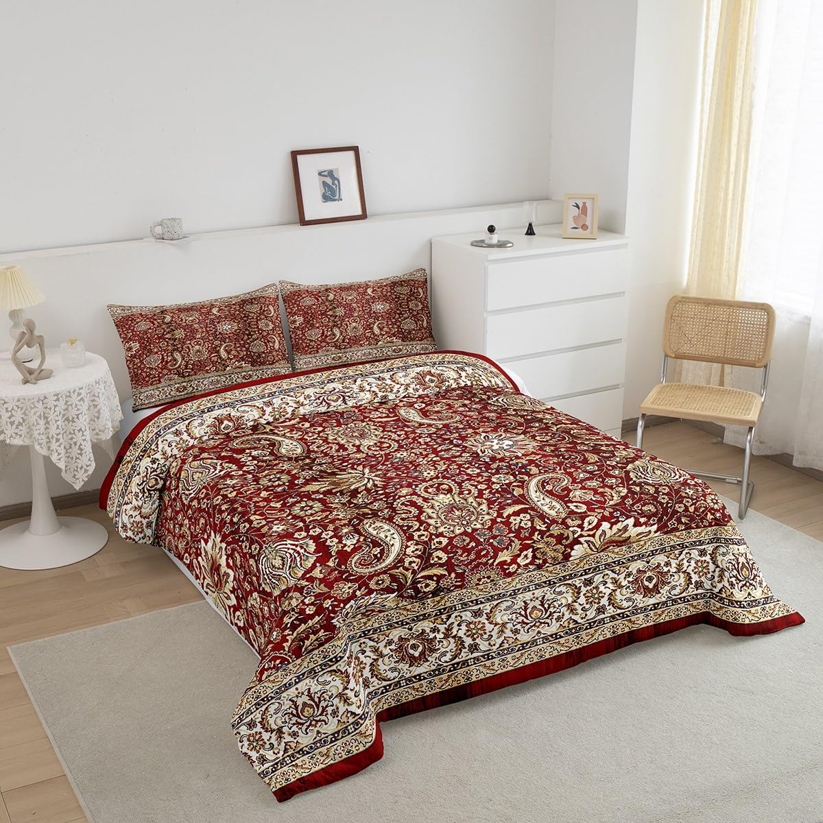 Erosebridal Paisley Comforter Set King, Red Yellow Floral Bedding Set for Men Women, Boho Flowers Exotic Tribal Retro Fashion Down Comforter Bohemian Damask Medallion Egyptian Quilted Duvet