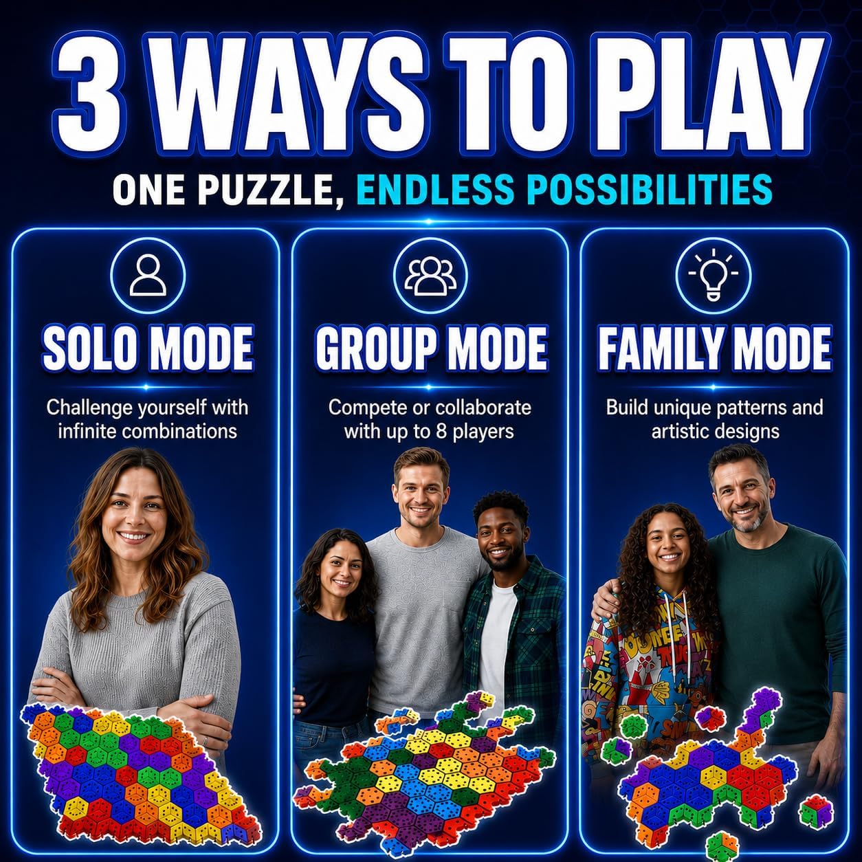 The Infinite Puzzle: Strategy Board Game for Familiy, Teens & Adults. 56 Hexagon Tiles for Solo or 1-8 Players. Travel-Friendly STEM Logic Game, 450 Nonillion Combinations, 8x7 Grid Challenge Ages +6