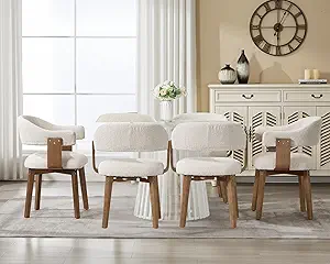 Wahson Beige Chenille Mid Century Modern Dining Chairs Set of 6, Kitchen/Living Room Barrel Chairs with Wooden Legs and Armrest