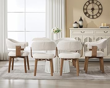 Wahson Beige Chenille Mid Century Modern Dining Chairs Set of 6, Kitchen/Living Room Barrel Chairs with Wooden Legs and Armrest