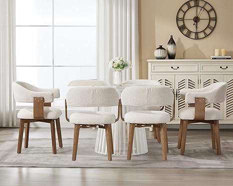 Wahson Beige Chenille Mid Century Modern Dining Chairs Set of 6, Kitchen/Living Room Barrel Chairs with Wooden Legs and Armrest