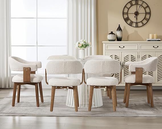 Wahson Beige Chenille Mid Century Modern Dining Chairs Set of 6, Kitchen/Living Room Barrel Chairs with Wooden Legs and Armrest