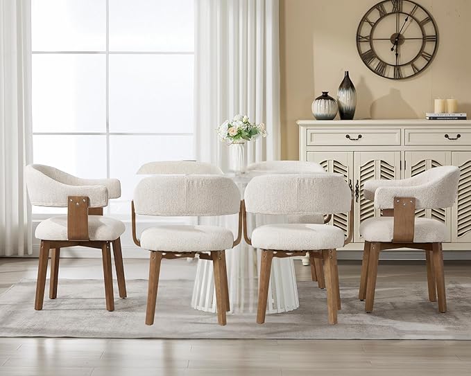 Wahson Beige Chenille Mid Century Modern Dining Chairs Set of 6, Kitchen/Living Room Barrel Chairs with Wooden Legs and Armrest