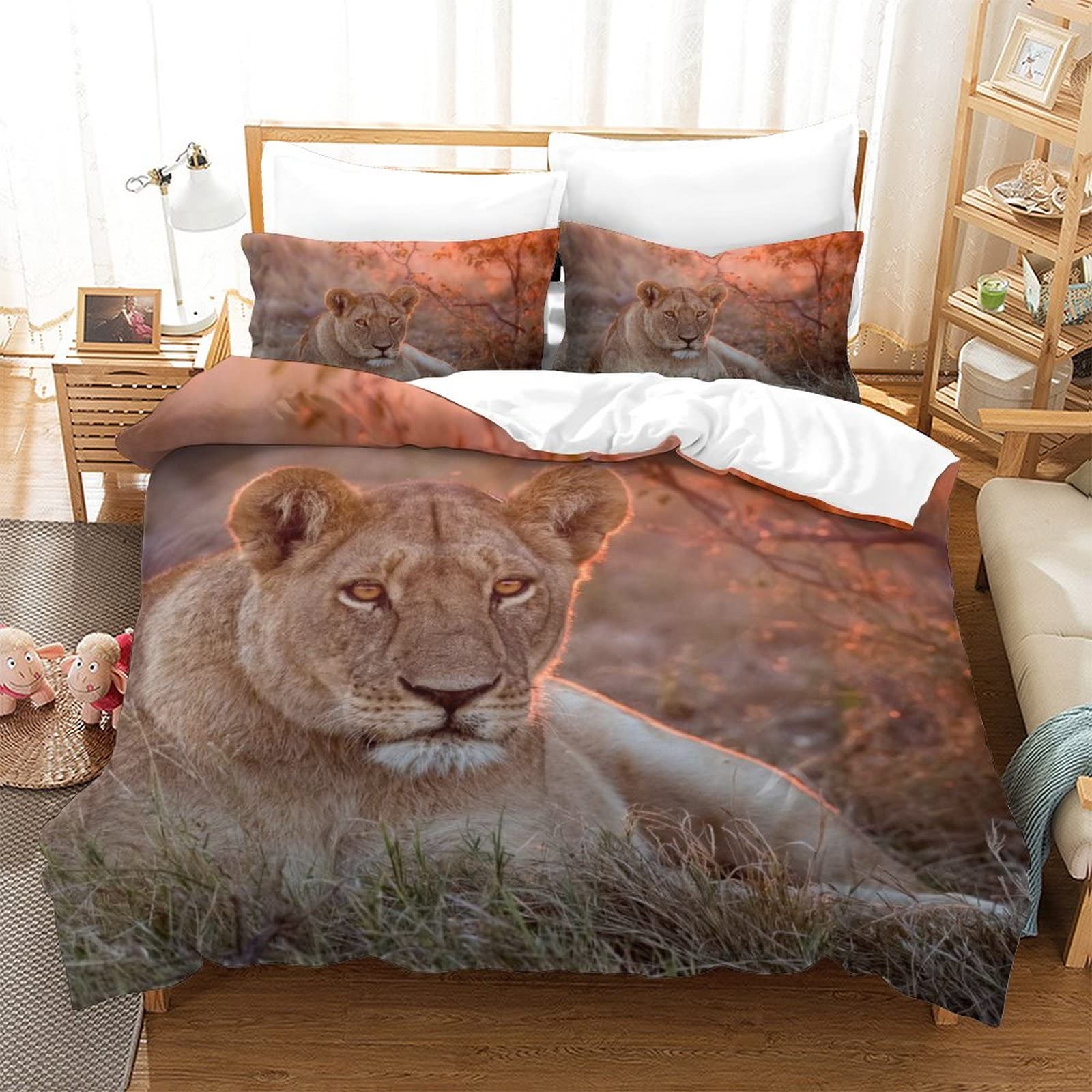 Housse de couette lion imprimée 3D parure de lit 3 pièces douce en microfibre 200x200cm