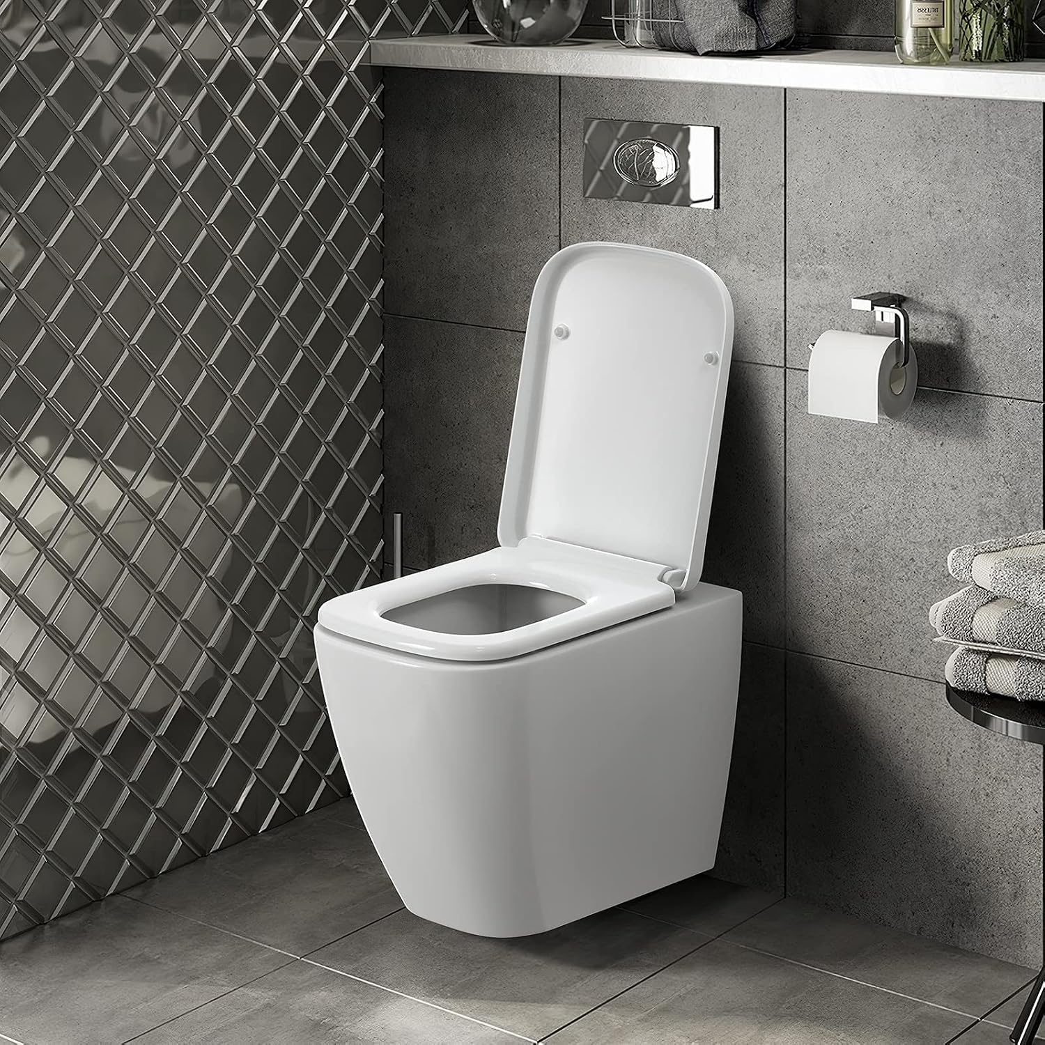 Sedile Wc Quadrato 36 X 47 Cm Con Coperchio, Bianco, Con Chiusura Ammortizzata E Sistema Di Sgancio Rapido, Facile Da Pulire Per Il Bagno.
