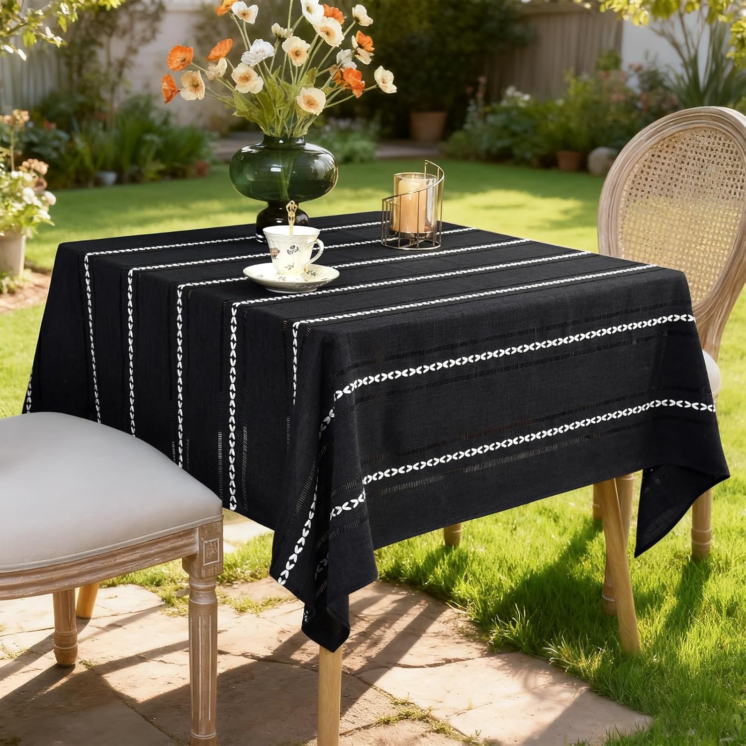 NEWISHER Rustic Farmhouse Embroidered Square Tablecloth Jacquard Striped Table Cloth Linen Texture Washable Dining Table Cover Kitchen Dining Home Decoration Black 52x52 inch