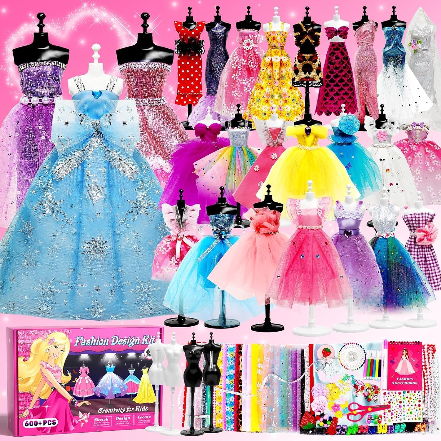 ORCHID M® 600+Pcs - Fashion Designer Kit for Girls with 4 Mannequins - DIY Arts and Crafts Kit- Sewing Kit for Kid Ages 8-12 -Girls Gift birthday gift for girls