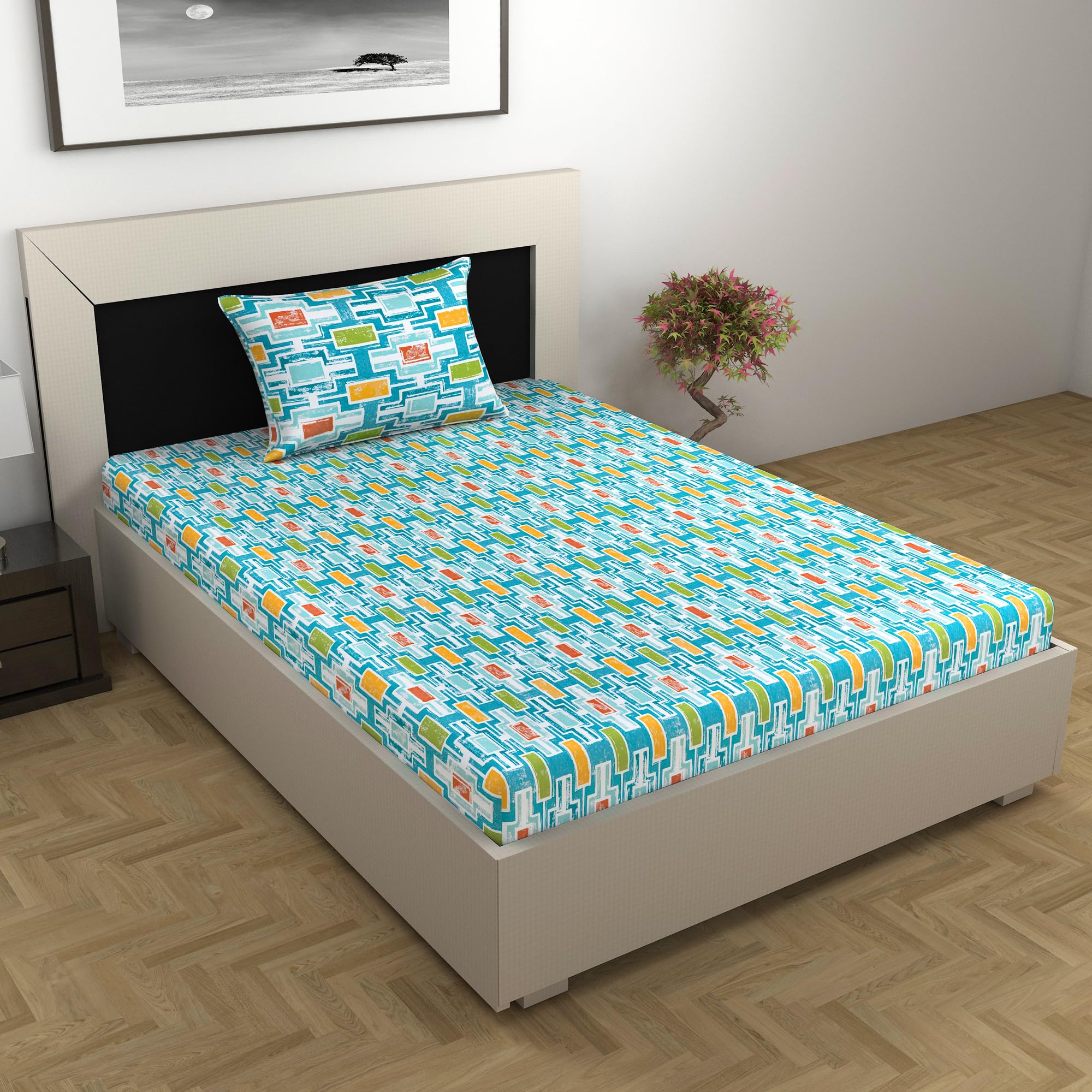 Divine Casa 144 TC Cotton Geometric Single Bedsheet Set with 1 Pillow Cover | Soft and Breathable | Oxford Blue - Single Bed (152 X 228 cm)
