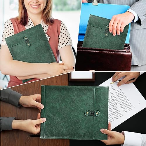 Miniatura 6 de Carpetas de archivos de piel sintética A4 verde para documentos, importante organizador de archivos privado con cierre de cuerda, funda para laptop,