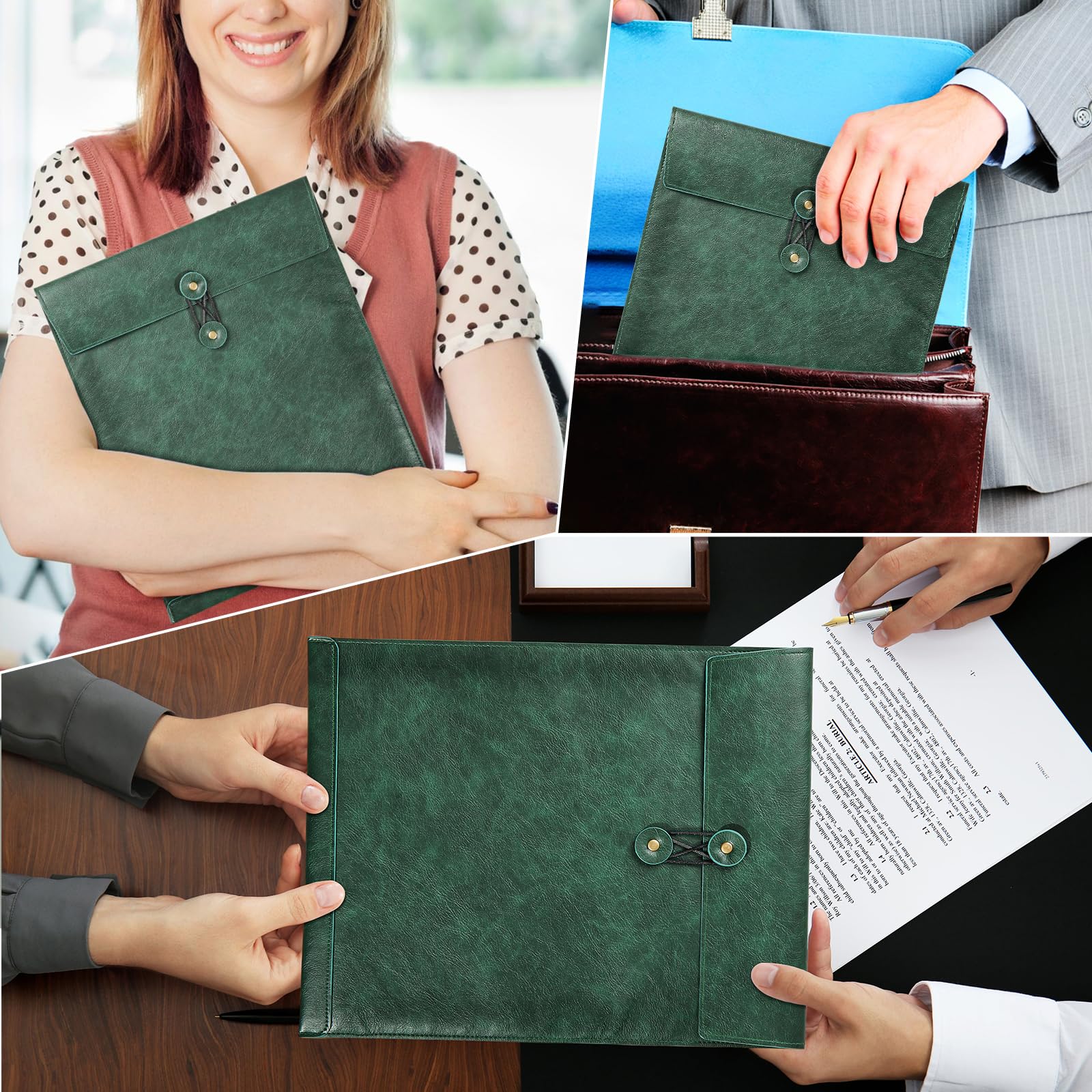 Carpeta de archivos de piel sintética verde para documentos, carpeta de documentos importante con corbata de cuerda, funda para laptop, organizador de archivos de cuero, carpeta de archivo de