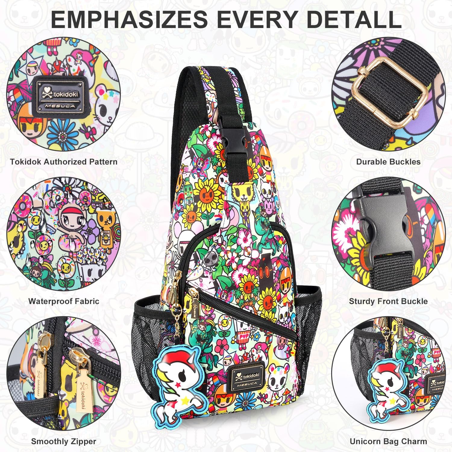 tokidoki Licensed Large Sling Bag Crossbody Chest Pack for Travel & Daily Use – Adjustable Strap, Breathable & Water‑Resistant Daypack for Women & Men, Cute Unicorno Cartoon Design