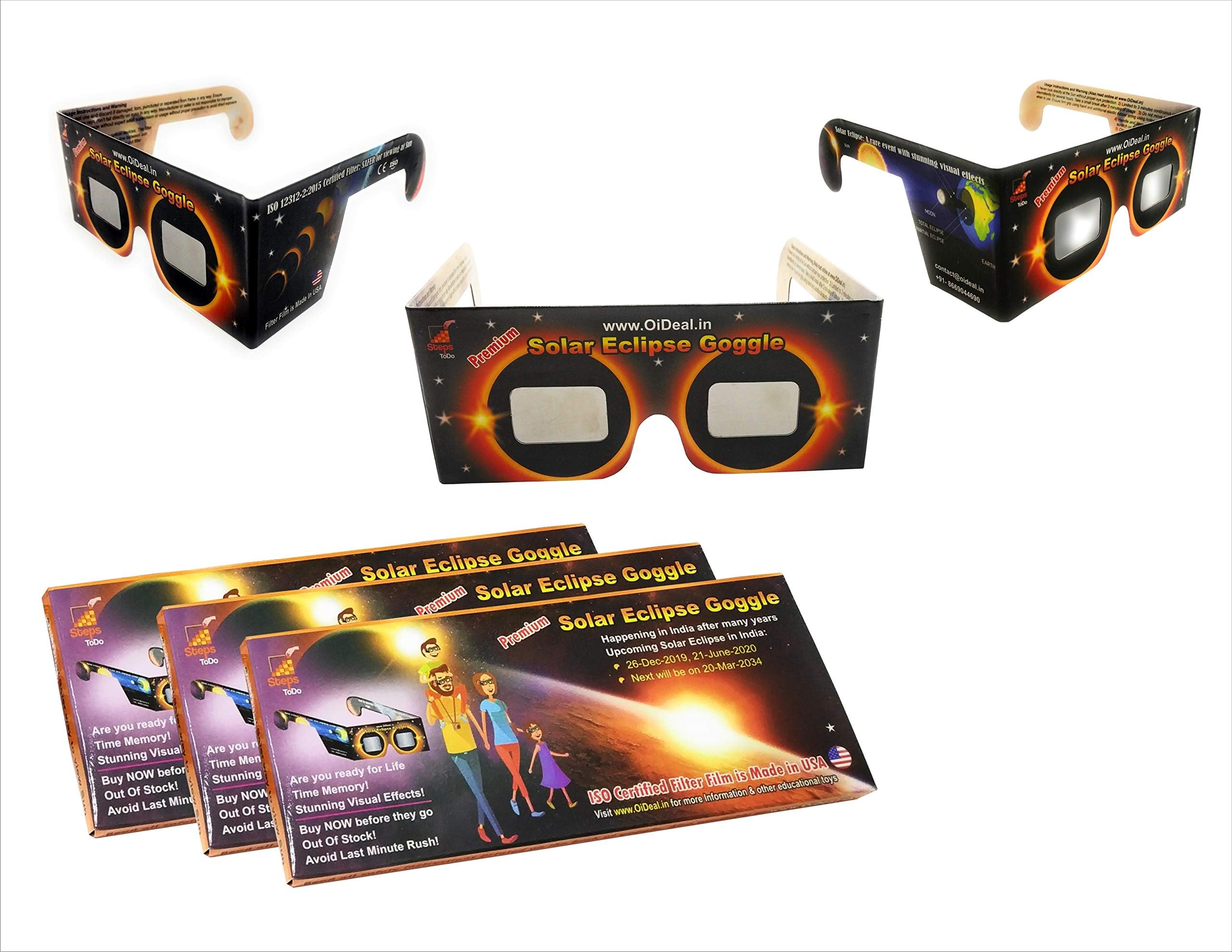 StepsToDo (with device) Premium Solar Eclipse Goggle. Sun Viewer Glasses (Set of 3)