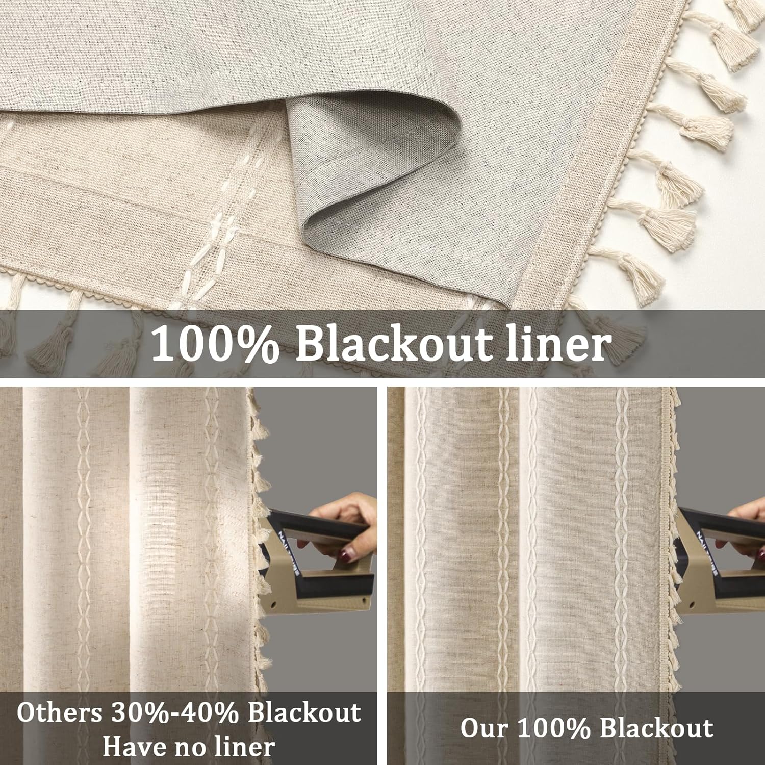 Boho Blackout Curtains Farmhouse 2 Panels Curtains 84 Inch Beige Linen Blend Curtains with Tassels and Embroidery for Living Room Bedroom