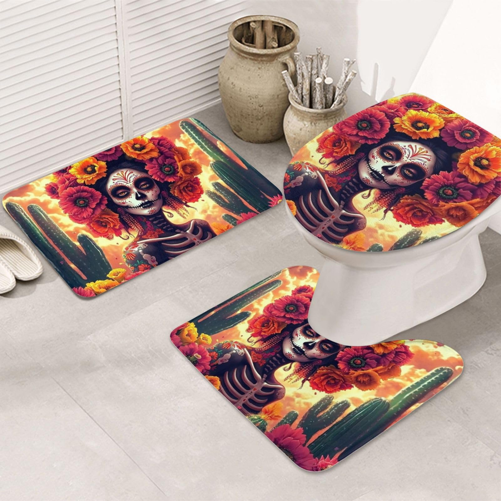 Juego de alfombras de baño calaveras para decorar tu aseo con microfibra suave