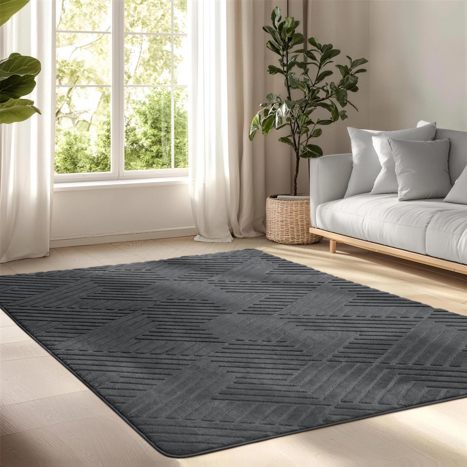 BYBSRLL Large Rugs Living Room 200 x 300cm, Dark Grey Soft Fluffy Area Rugs for Bedroom Modern Non Slip Washable Rug Living Room Low Pile Floor Carpet Mat for Kids Room Kitchen Office, Twill
