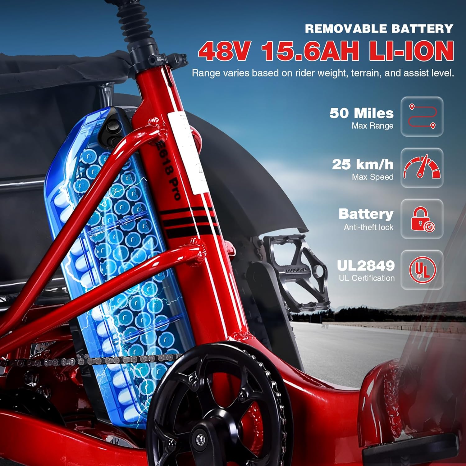 Dancongtea Electric Tricycle for Adults, 500W Folding 3 Wheel Ebike with 48V 15.6Ah Removable Battery, 20"x4.0" Fat Tire Step-Thru Electric Trike with Push-Button Reverse & Large Cargo Baskets, Red