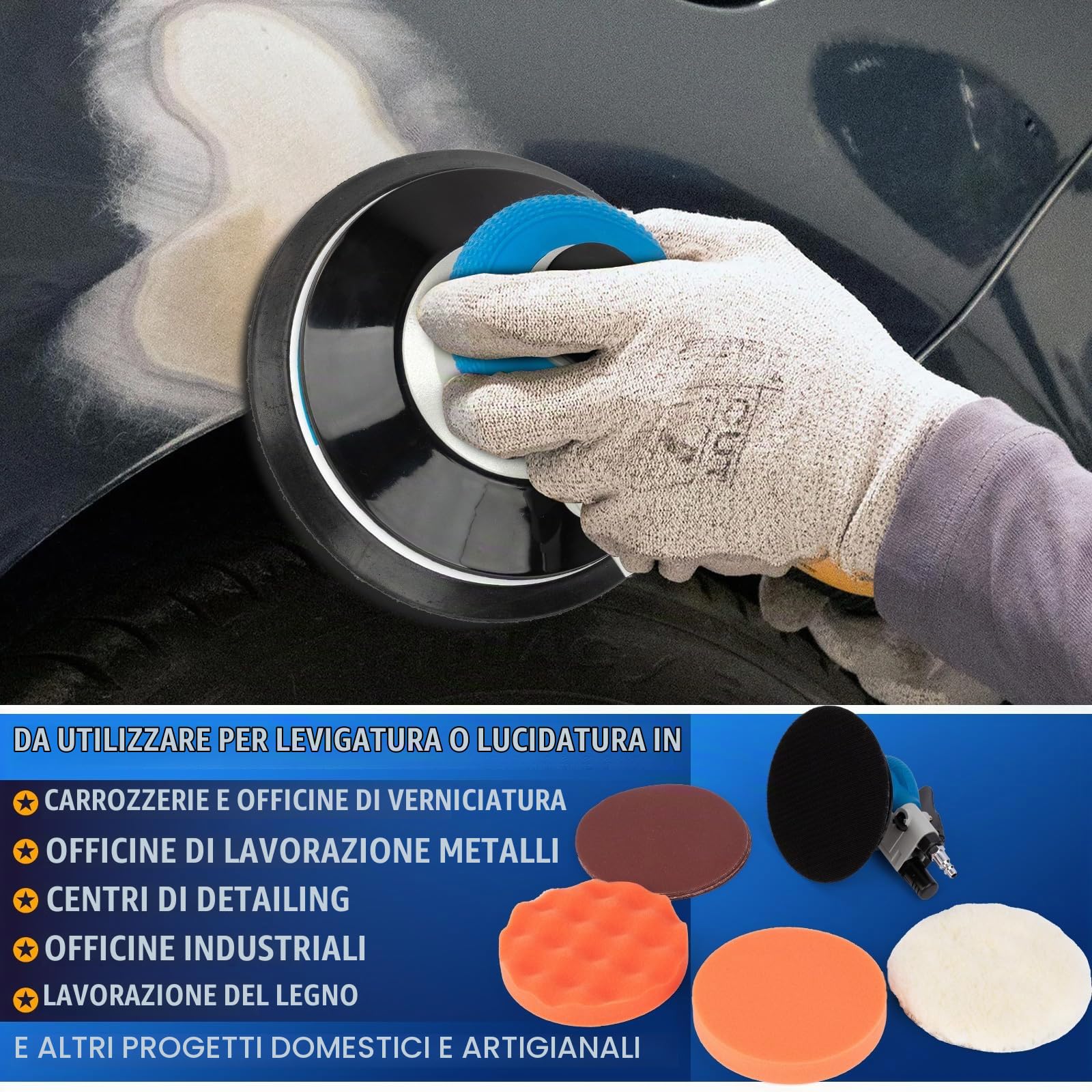 Levigatrice orbitale pneumatica da 150mm, doppia azione con regolazione velocità, smerigliatrice orbitale ad aria, pneumatica per lucidatura del legno, metallo e carrozzeria
