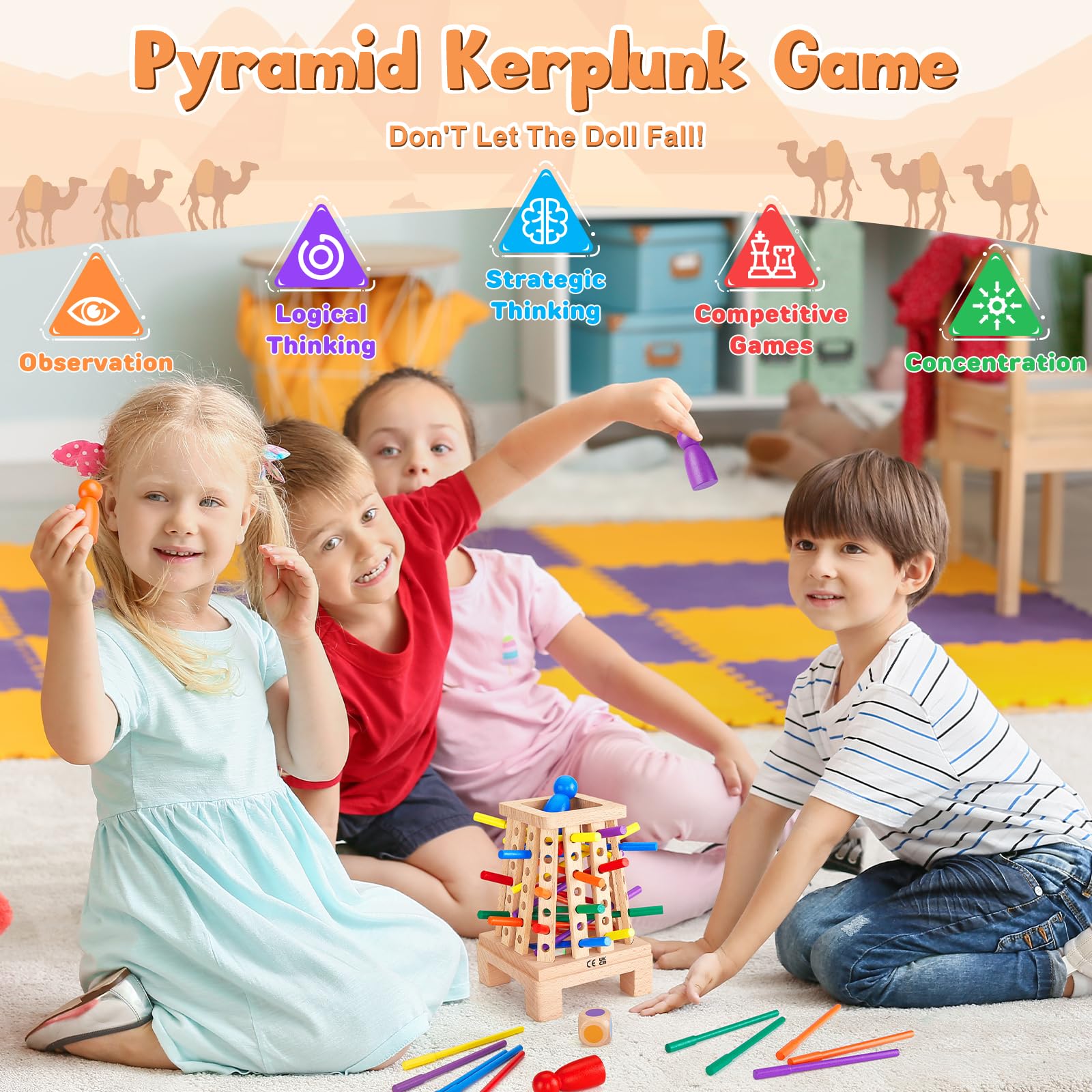 Jeux Montessori Jeu de Société en Bois pour Garçons Filles, Jeu de Tour en Bois avec Bâtons Colorés et Dés Jouets Éducatifs Famille Jeux Voyage Cadeau Enfant 3 4 5 6 7 8 9 Ans