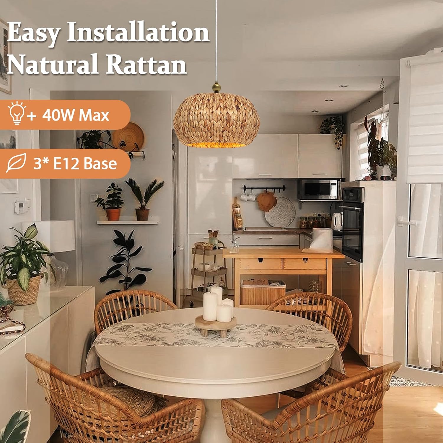 Farmhouse Rattan Chandelier,13.4'' Boho Hand Woven Pendant Light, 3-Light Wicker Chandelier Light Fixture for Dining Room/Living Room/Kitchen Island, E12 Base (Gold)