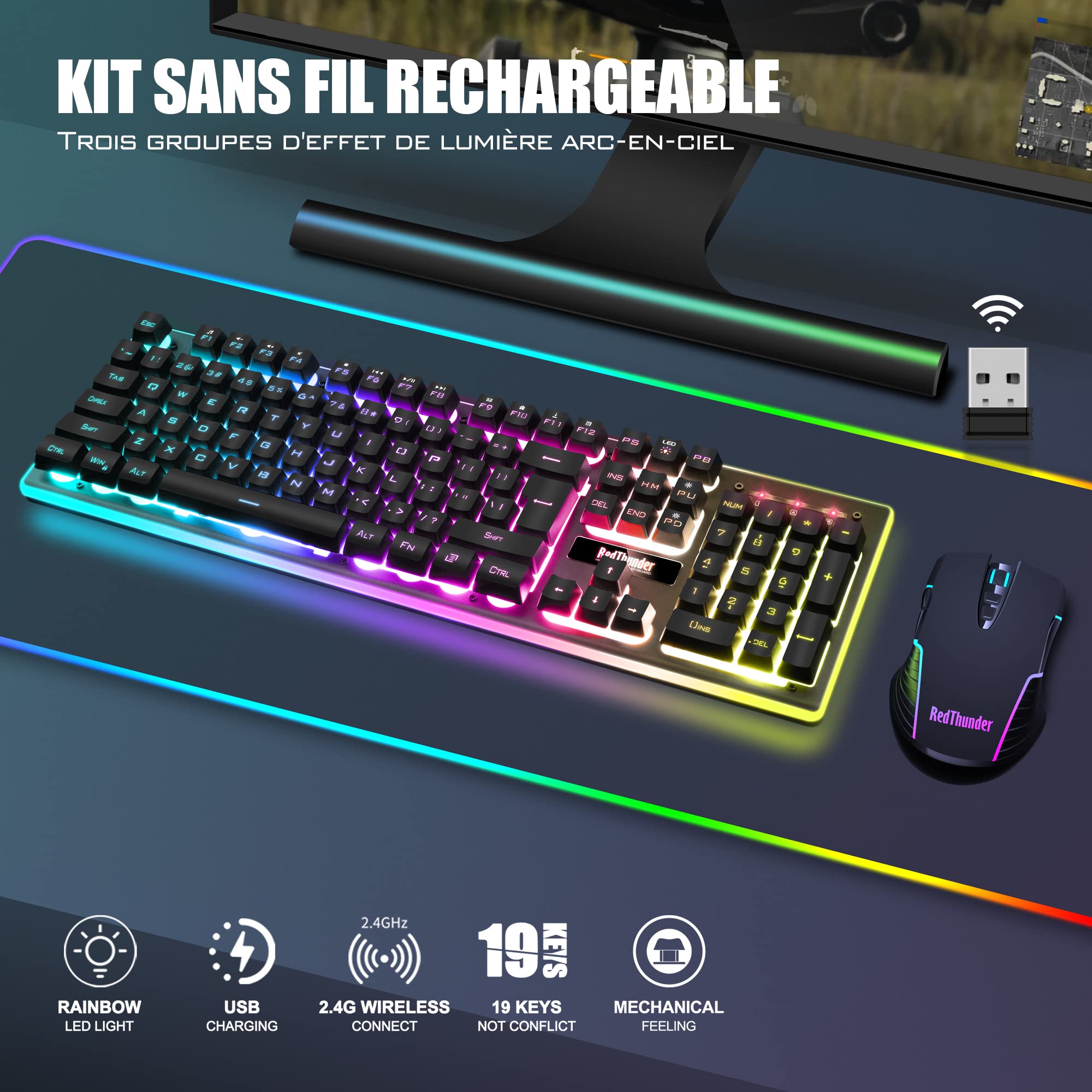 RedThunder K10 Ensemble Clavier et Souris Gaming sans Fil, AZERTY FRANÇAIS, Rétroéclairage LED 3800mAh Batteries Rechargeables, Clavier USB Anti-ghosting + Souris 7D 3200DPI pour PC Gamer Xbox(Noir)