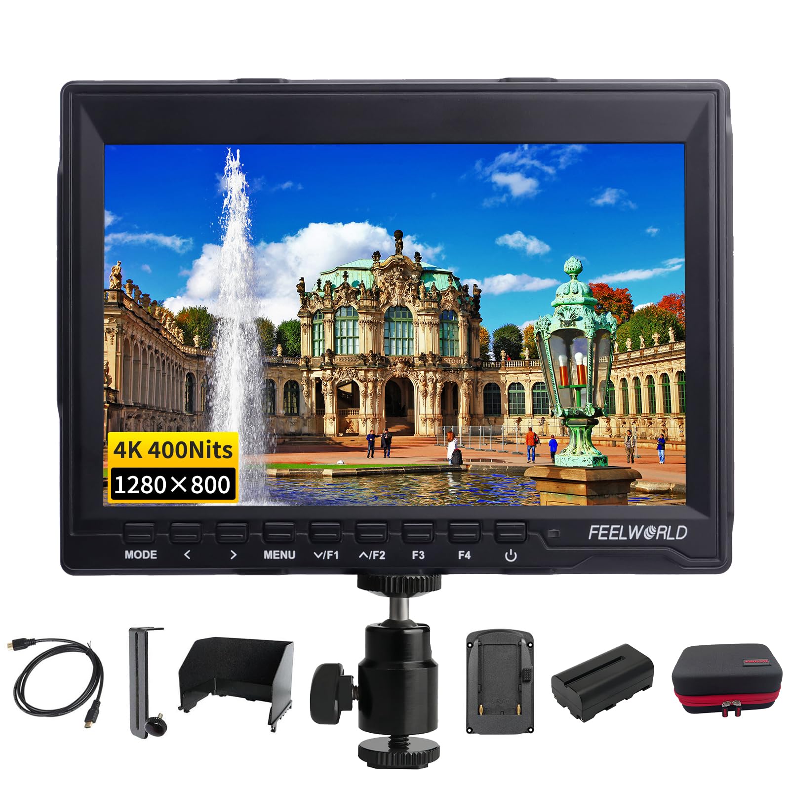 FEELWORLD FW759 7 Pouces Moniteur de Terrain,Moniteur de Terrain 1280X800 IPS DSLR avec vidéo Entrée HDMI Full HD Focus 4K Sortie Étui de Stockage de la Batterie 2800mAh