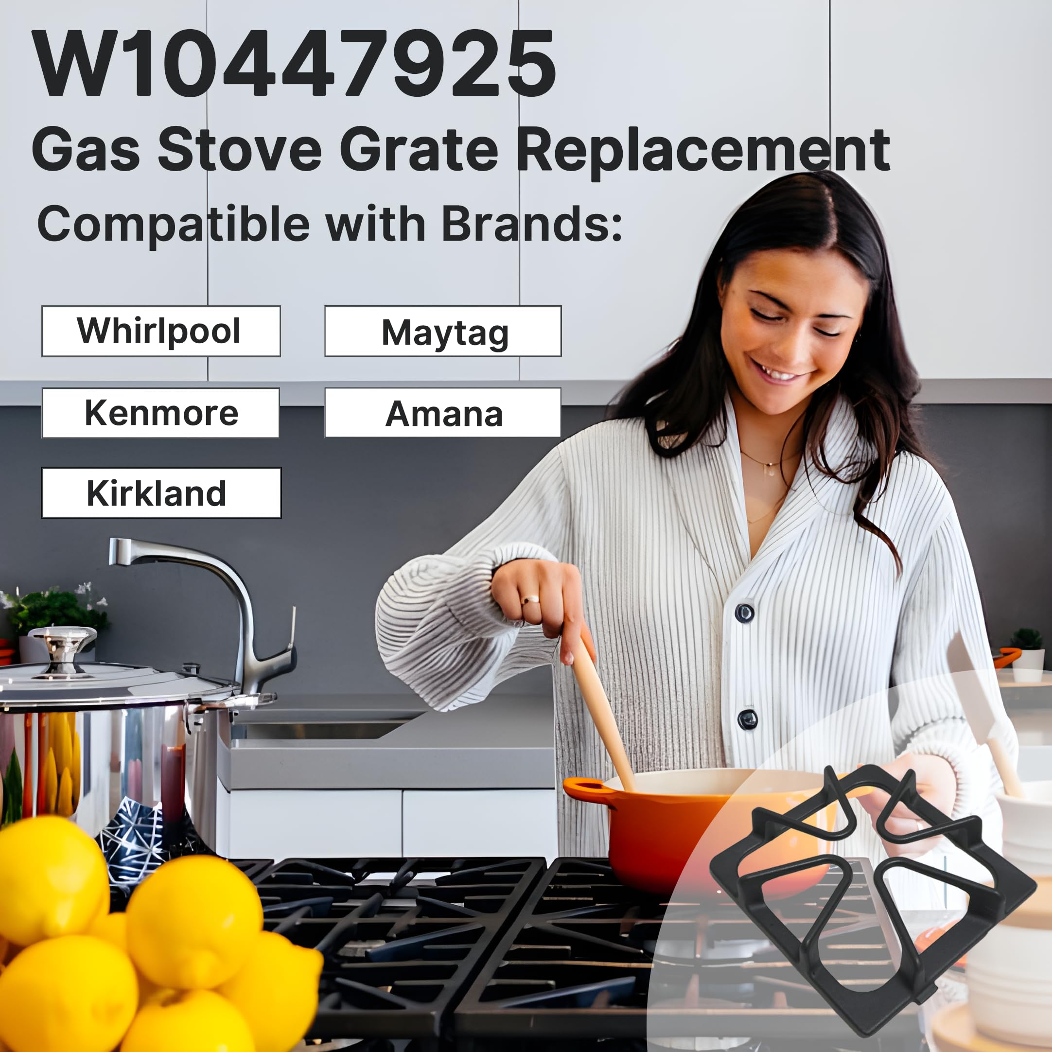 W10447925 Burner Grate Replacement for Whirlpool Range Stove Cooktop, Compatible with Amana, Maytag, Kenmore Gas Stove Top Grate Parts, Matte Enamel Cast Iron Range Burner Rack 4-Pcs