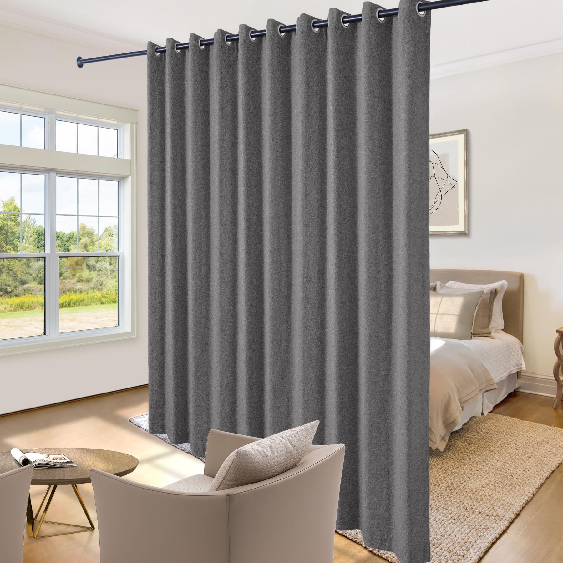 frelement grommet top space room divider curtains privacy partition separator full blackout linen drapes for patio door extra wide curtain for meeting room 1 panel, 120" wx96l, natural grey