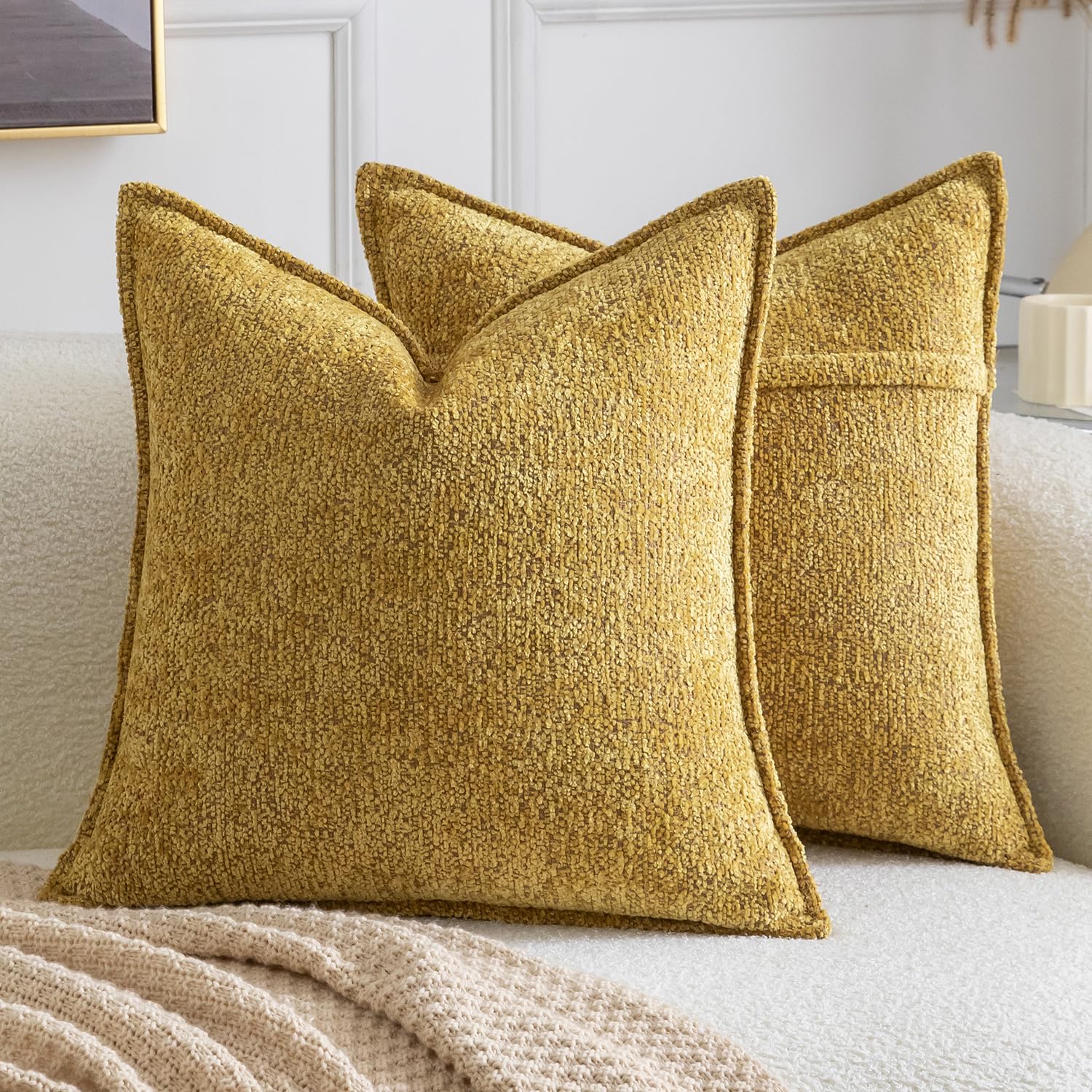 Madizz Pack of 2 Decorative Cushion Covers Boho Soft Textured Chenille Throw Pillows Solid Pillow Covers for Couch Sofa Bedroom Living Room 40x40 CM, Bright Gold โ image 1
