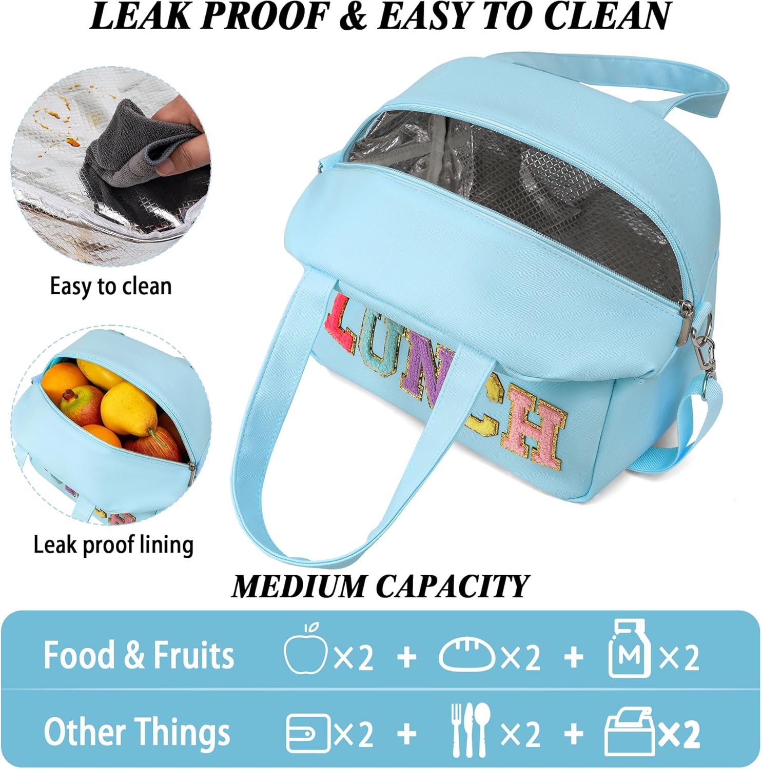 Lunch Bag for Women Personalized Insulated Lunch Box for Adults with Adjustable Shoulder Strap Cute Reusable Freezable Lunchbox Cooler Tote for Office Work Picnic Beach (Blue) - Image 4