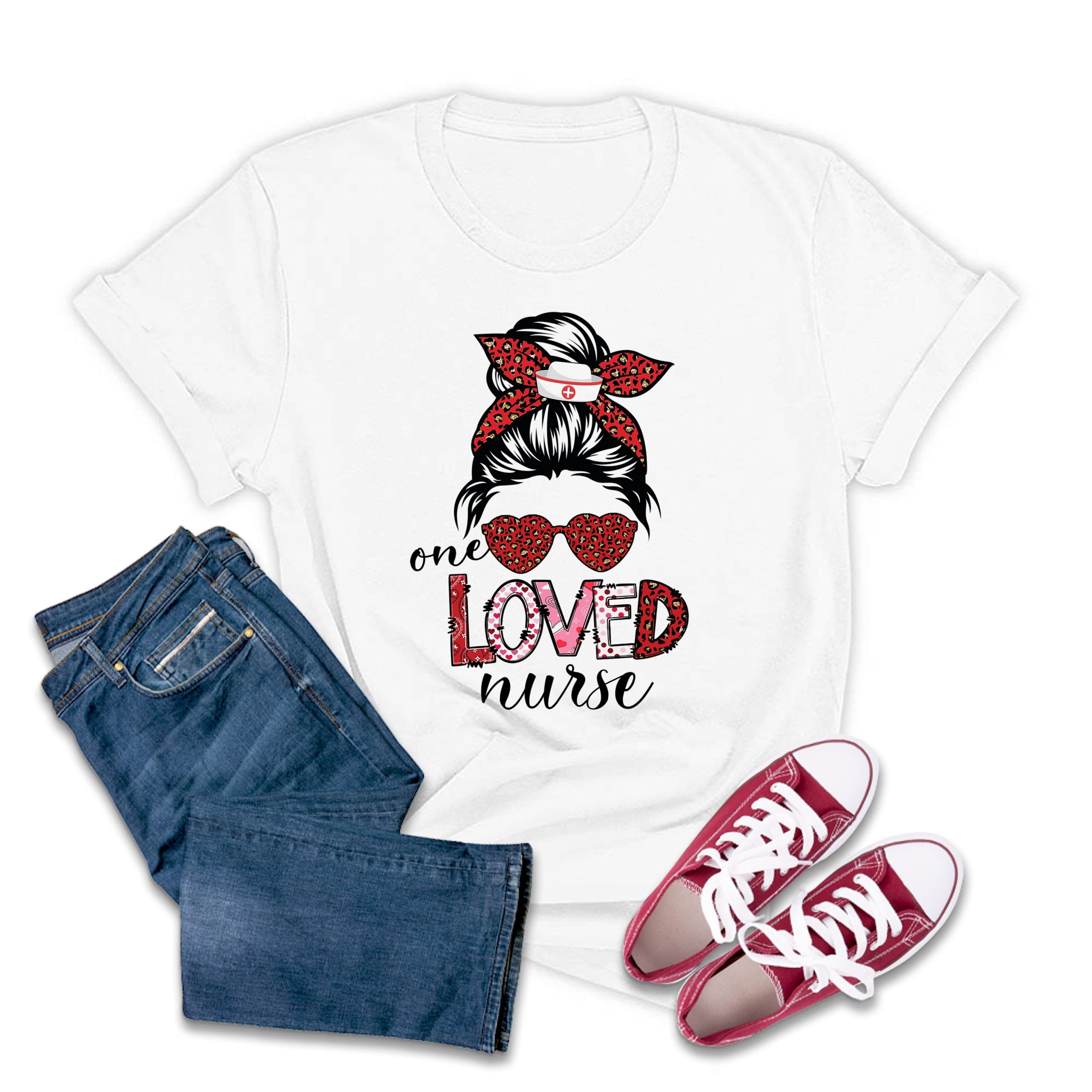 Leopard Messy Bun One Loved Nurse Life-Valentine Love Heart T-Shirts Casual Long Sleeve Graphic Sweatshirt Tops Pdrm L Black/White