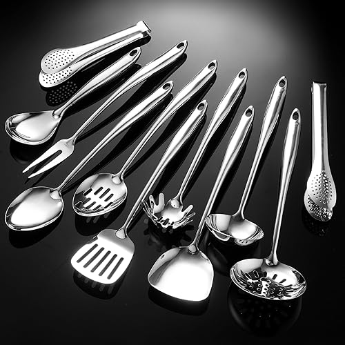 Utensilios de cocina de acero inoxidable 304, 11 piezas para cocinar, cuchara sólida, cuchara ranurada, tenedor, espátula, cucharón, espumador,