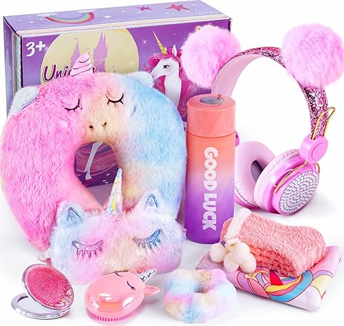 Lorfancy Regalo de unicornio para niñas, juguetes de 6, 7, 8, 9, 10-12 años con auriculares con cable de 0.138 in, almohada de viaje, máscara de