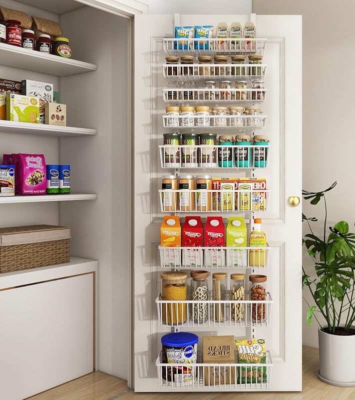 Mefirt Organizador de despensa blanco de 9 niveles sobre la puerta, organización de despensa | Organizadores y almacenamiento para colgar despensa, metal resistente ajustable para el hogar y la cocina, estante para condimentos en la parte trasera de la puerta