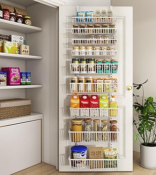 Mefirt White 9-Tier Over The Door Pantry Organizer, Pantry Organization and Storage, Deep Baskets Hanging Heavy-Duty Metal, Wall Spice Rack Seasoning Shelves for Home & Kitchen, Laundry Room Bathr...