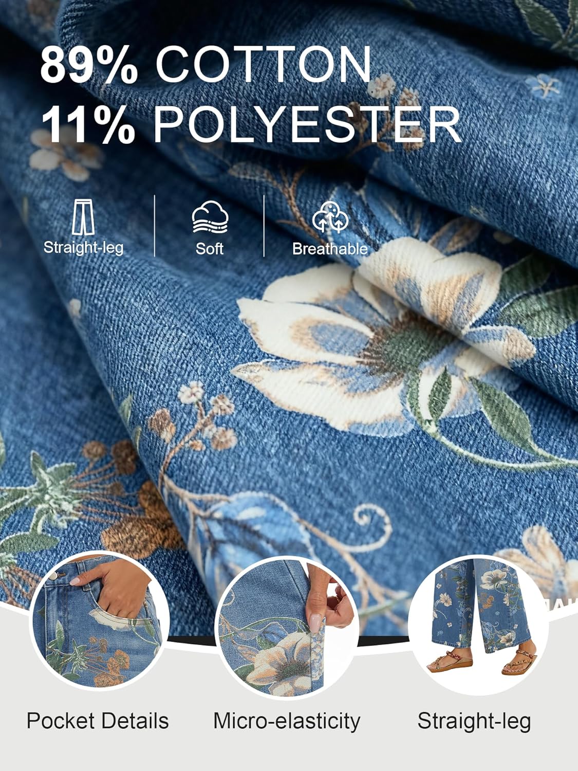 Women's High Waist Wide Leg Floral Printed Jeans Vintage Barrel Denim Pants Y2K Casual Patchwork Cute Jeans for Women - Image 4