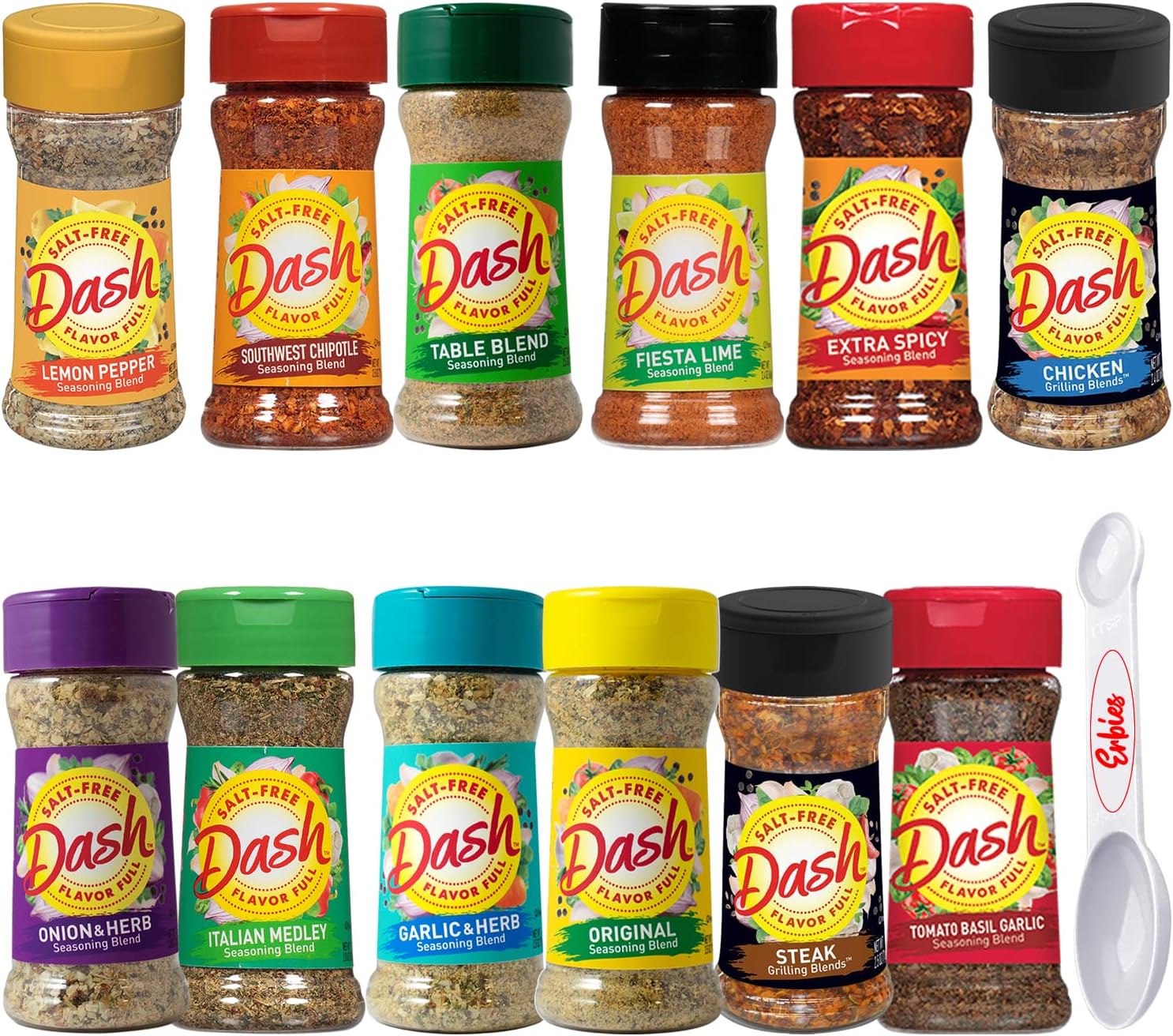 Mrs Dash Seasoning Salt Free Variety Pack, 12 Bottles Complete Set, A Healthier Option Salt Free Spices, Mrs. Dash No Salt Seasoning with Measuring Spoon by Erbies