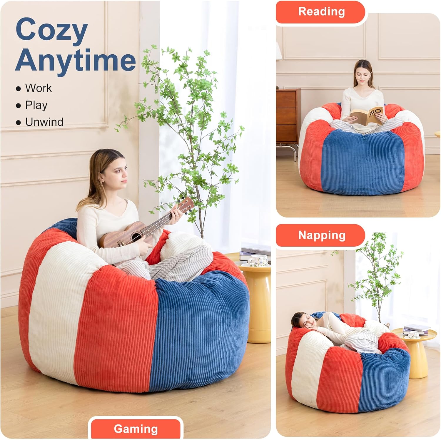 Giant Bean Bag Chairs for Adults,Memory Foam Firm Boneless Floor Gaming Chair Reading Chair,Colorful Plush Corduroy Cover,Comfy Chairs for Livingroom Bedroom Reading Nook Movie Night