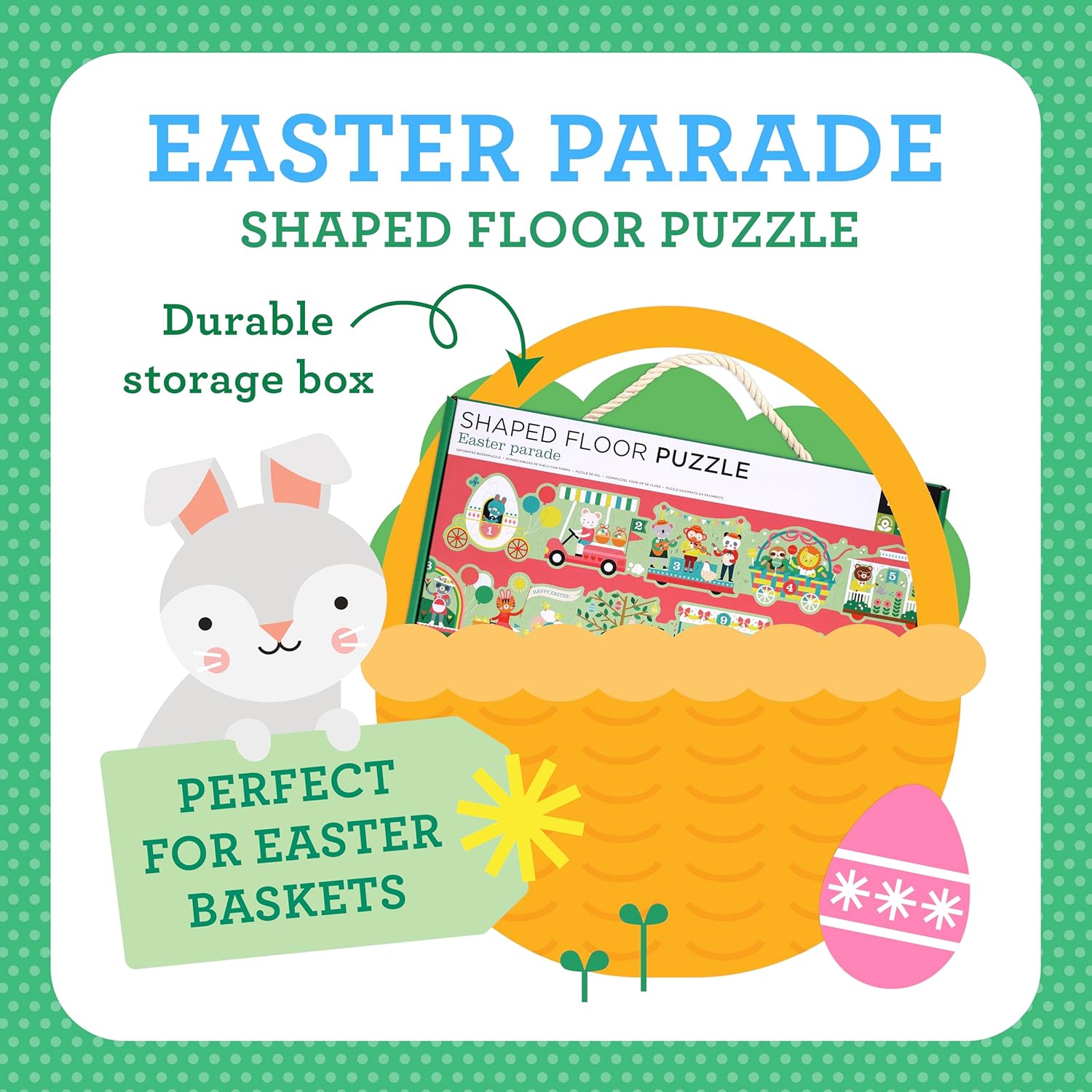 Petit Collage: Easter Parade Shaped Floor Puzzle - Giant 6ft Long 30-Piece Spring Floor Jigsaw for Toddlers 3+ – Chunky Pieces with Box Handle – Eco-Friendly Seek-and-Find Gift for Easter Baskets