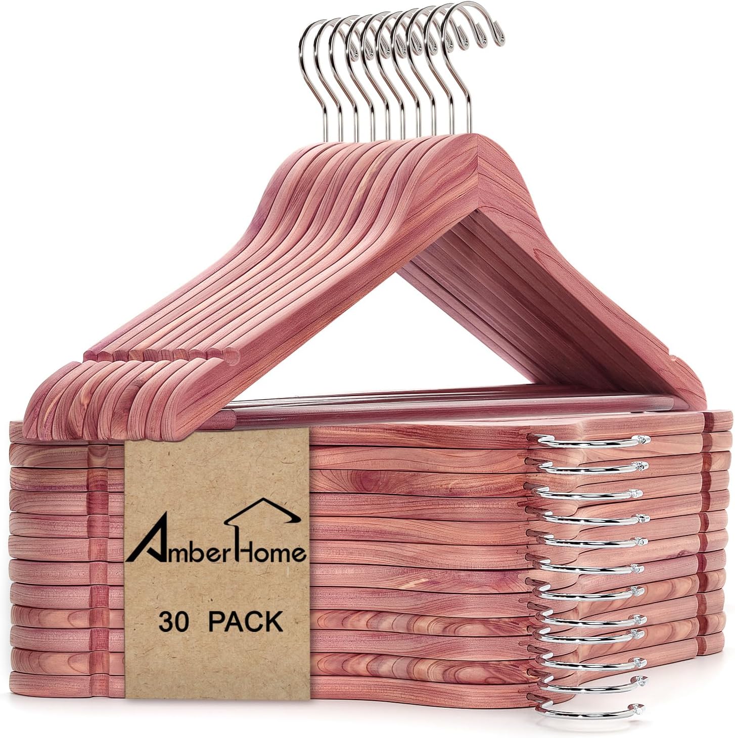 Amber Home 30 Pack Cedar Coat Hangers, Wooden Suit Hangers with Non-Slip Pant Bar, Cedar Hangers for Closet Organization, Shirts, Jackets, Dresses, and Pants