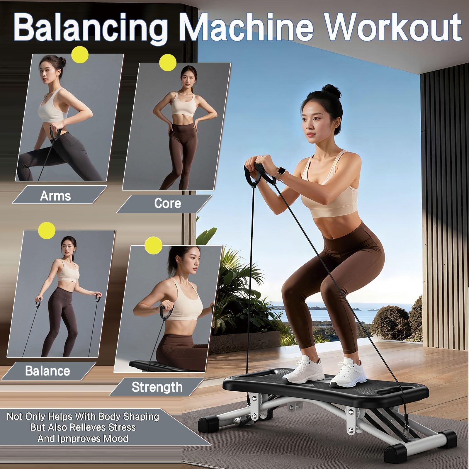 Slide Stepper Balance Board z taśmami oporowymi – podstawowy trener do treningów domowych, sprzęt do ćwiczeń całego ciała z monitorem LCD, regulowane poziomy i duża pojemność