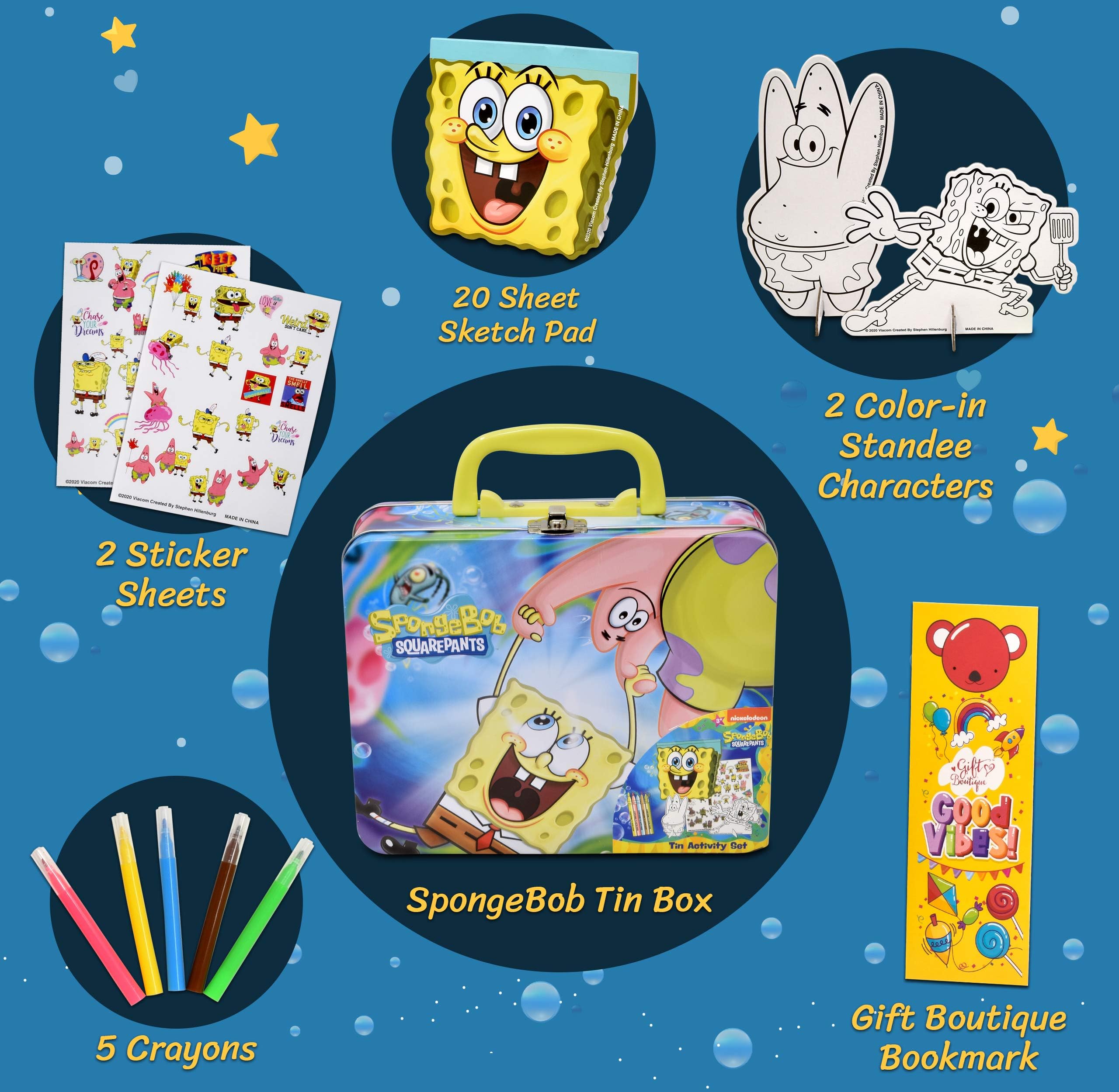 SpongeBob SquarePants Mal- und Aktivitäts-Blechbox für Kinder, mit Buntstiften, Aufklebern, Skizzenblock, sauberes Bastelset für Kleinkinder, Jungen und Mädchen, Lesezeichen im Lieferumfang enthalten