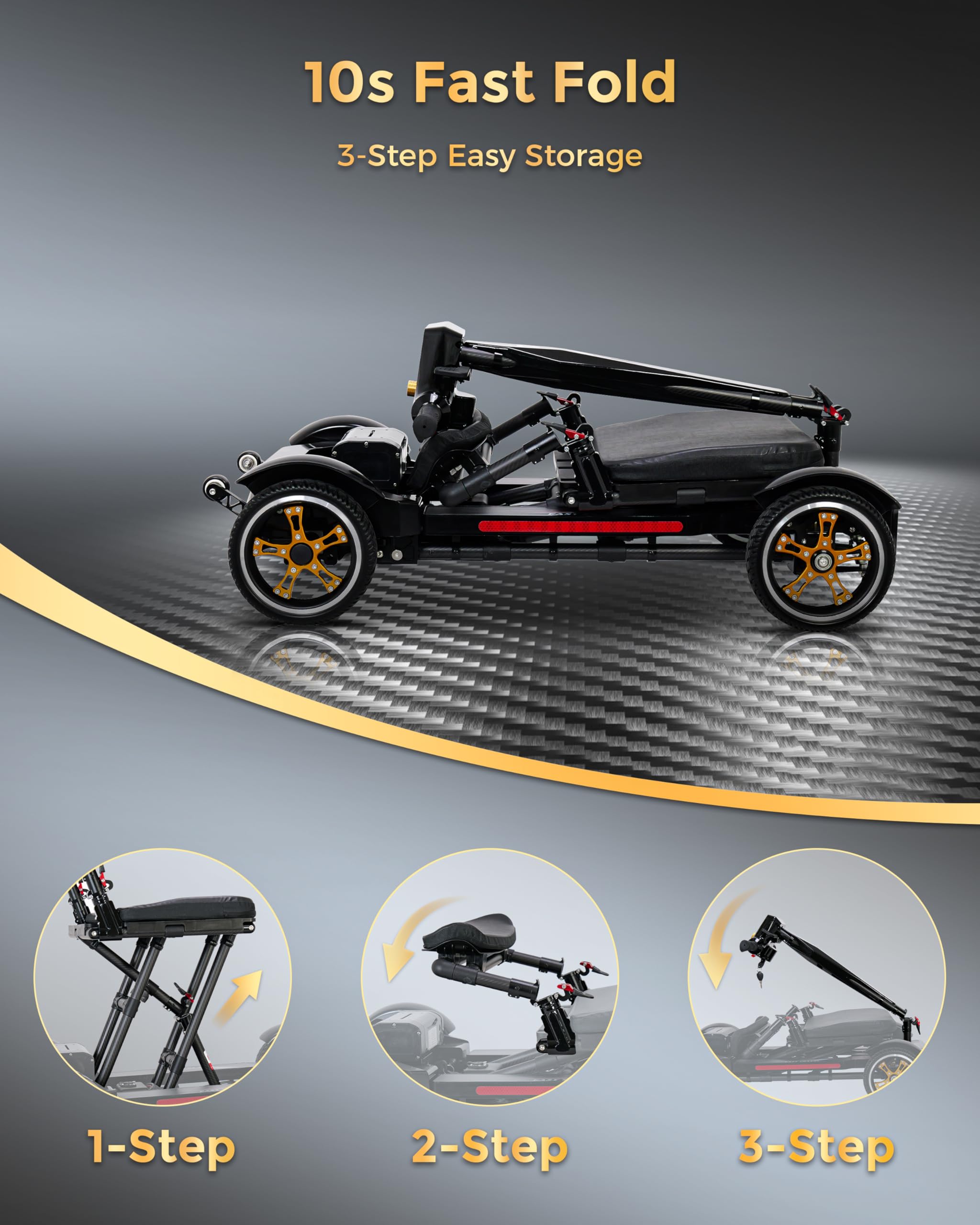 Silla de ruedas eléctrica plegable ultraligera de 17 kg (38 lbs), scooter de movilidad con 90% de fibra de carbono, doble batería y 20 km de autonomía. Montaje rápido en 30 segundos for viajar.