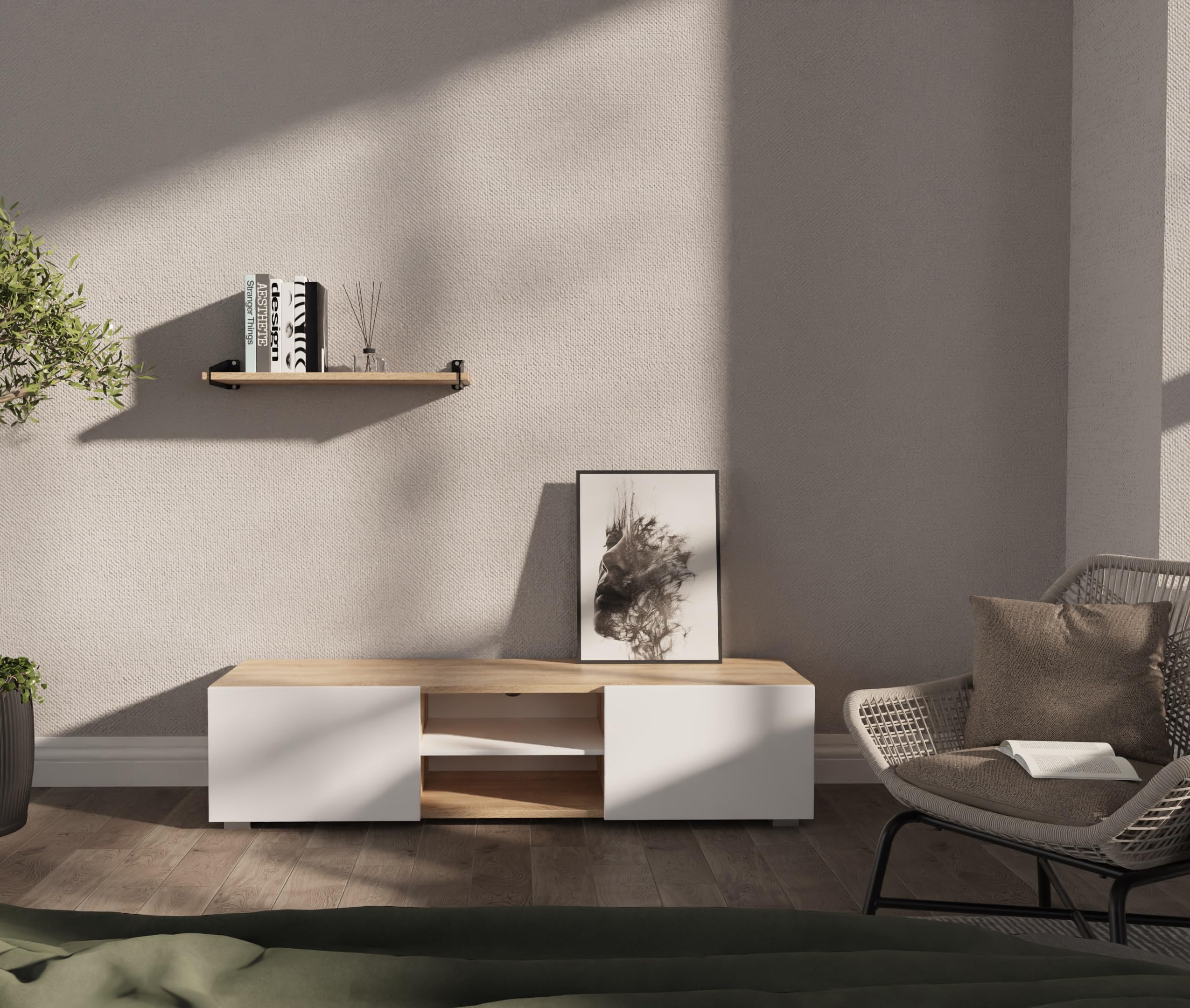 PLATAN ROOM TV Lowboard/Sideboard 140 cm breit Hängeschrank Fernsehschrank TV Kommode mit 2 Türen und offenem Fach in 5 Farbvarianten (Sonoma Eiche/Weiß Matt, 140 cm breit)