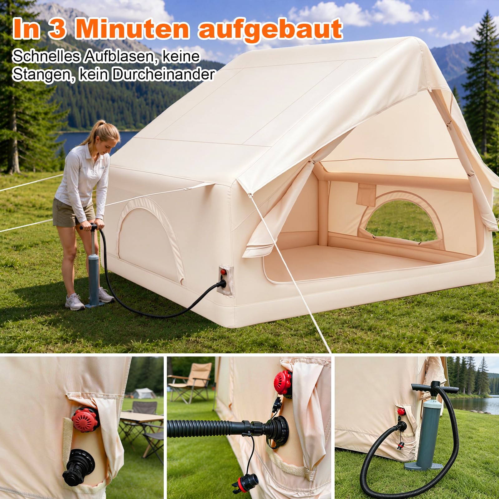 Aufblasbares Campingzelt, 300×210×200cm für 3-4 Personen, wasserdichtes 210D Oxford Gewebe, UV-Schutz, Handpumpe Heringe, Schnellaufbau in 3-5 Minuten, für Familiencamping, Outdoor Abenteuer