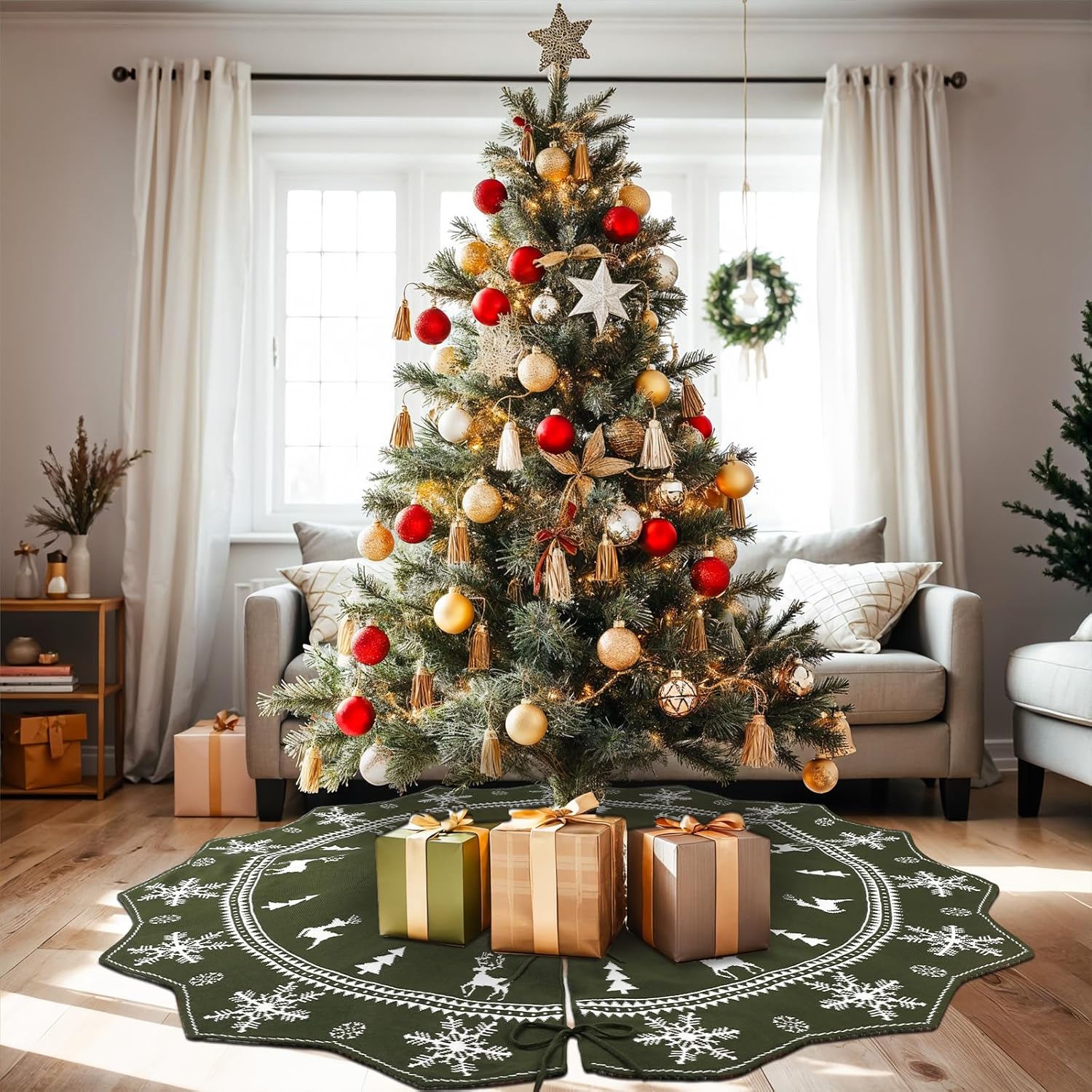 Christmas Tree Skirt 60 Inches, Knit Skirt for 7ft to 9ft Trees, Double-Sided Green and White Xmas Decoration for Indoor Holiday Party Farmhouse