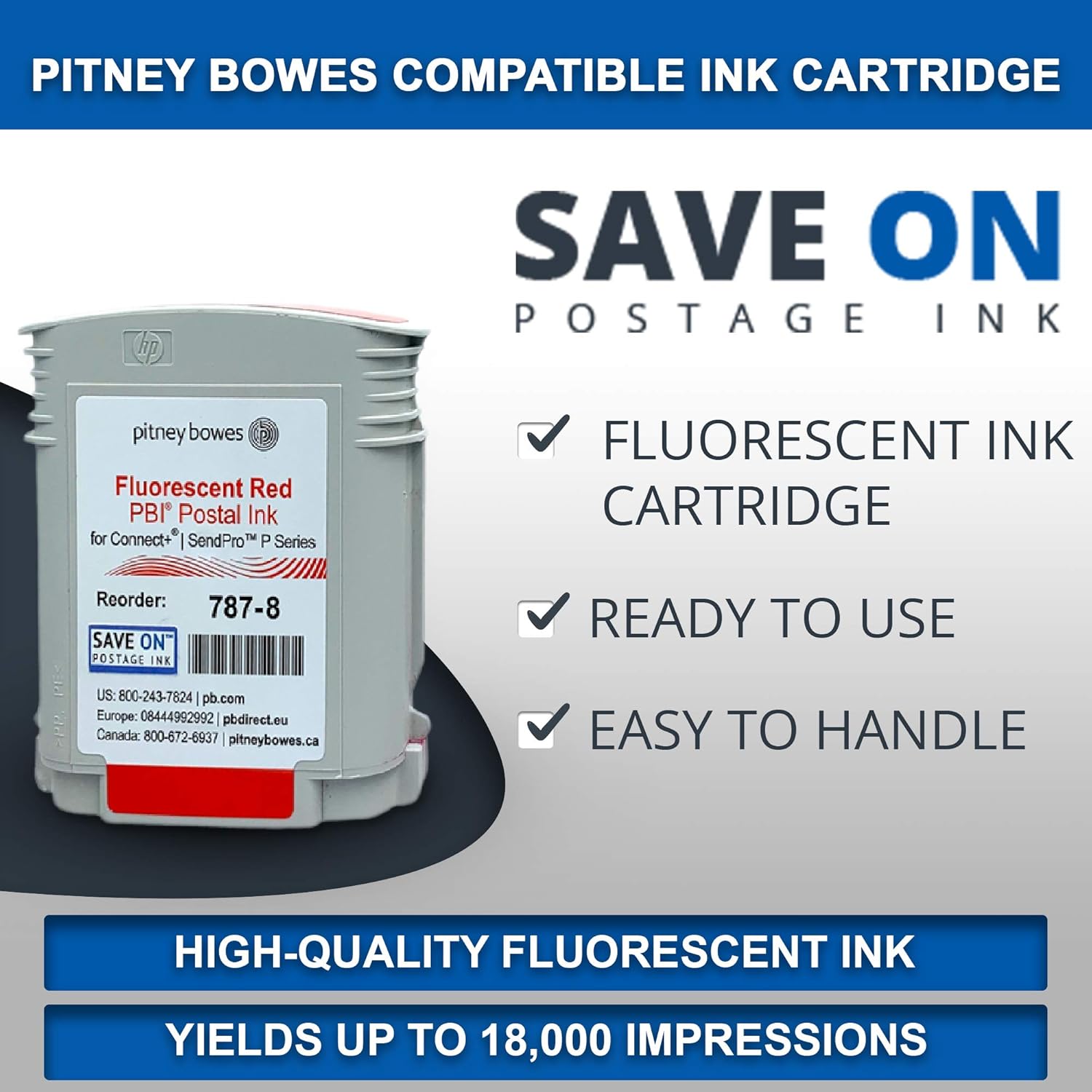 Save On Postage Ink 787-8 Compatible Pitney Bowes Postage Machine Red Ink Cartridge for SendPro P/Connect & Series Mailing System, 787 – 8 Red Fluorescent Ink Cartridge Postage Meter Cartridge